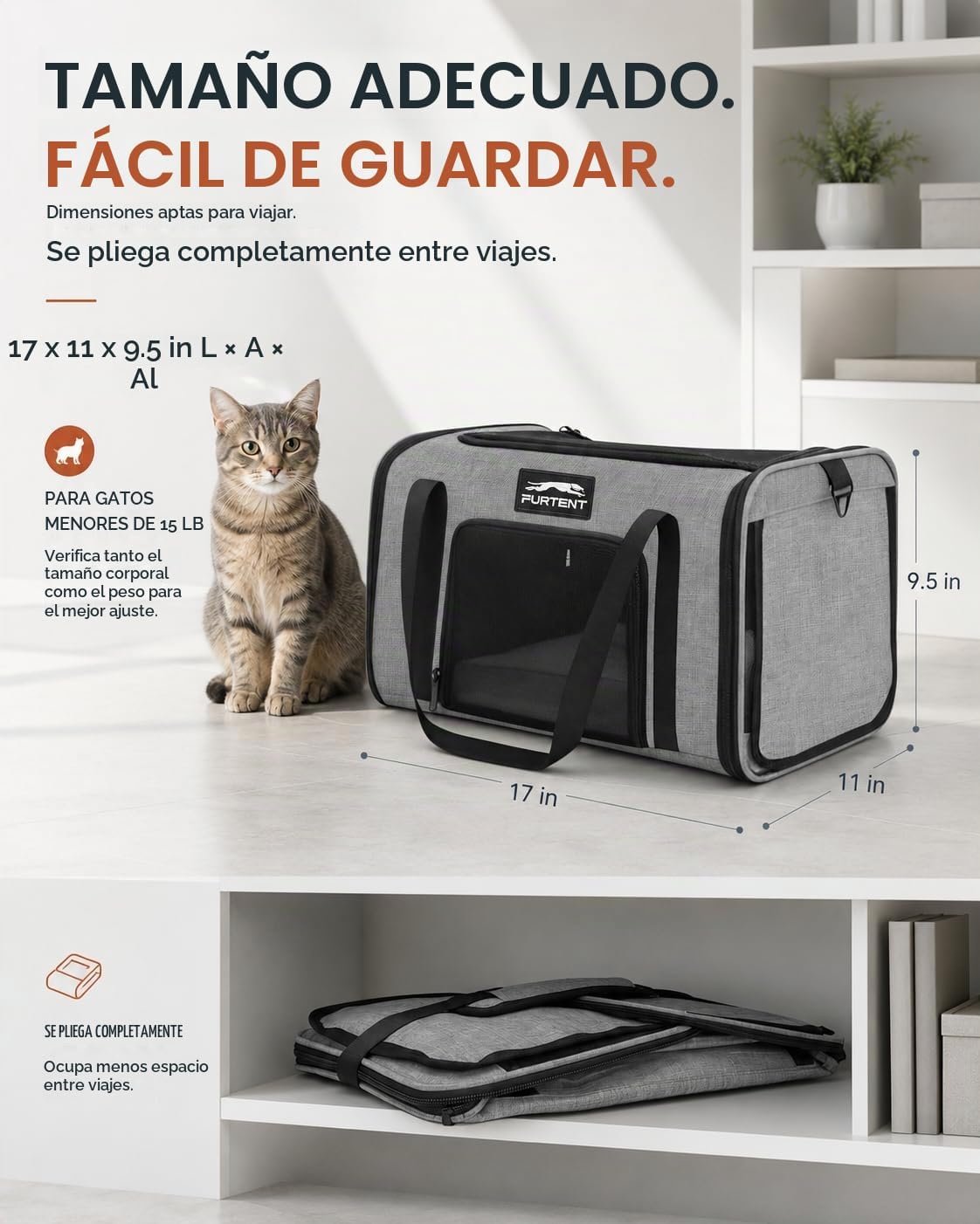 Transportador de mascotas de 17 x 11 x 9.5 pulgadas, aprobado por a...