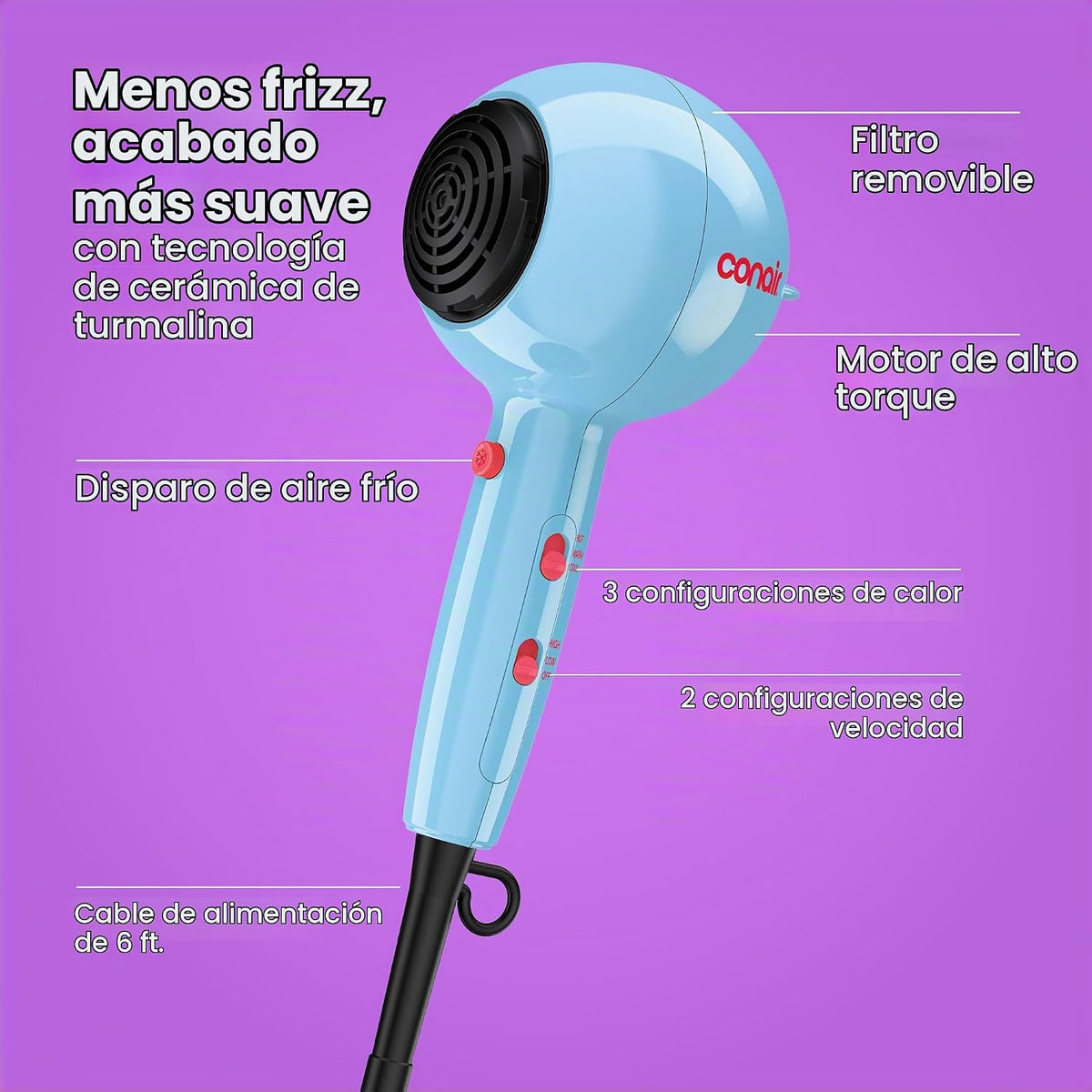 Conair Secador de pelo Cake Pop con accesorios difusores y concentr...