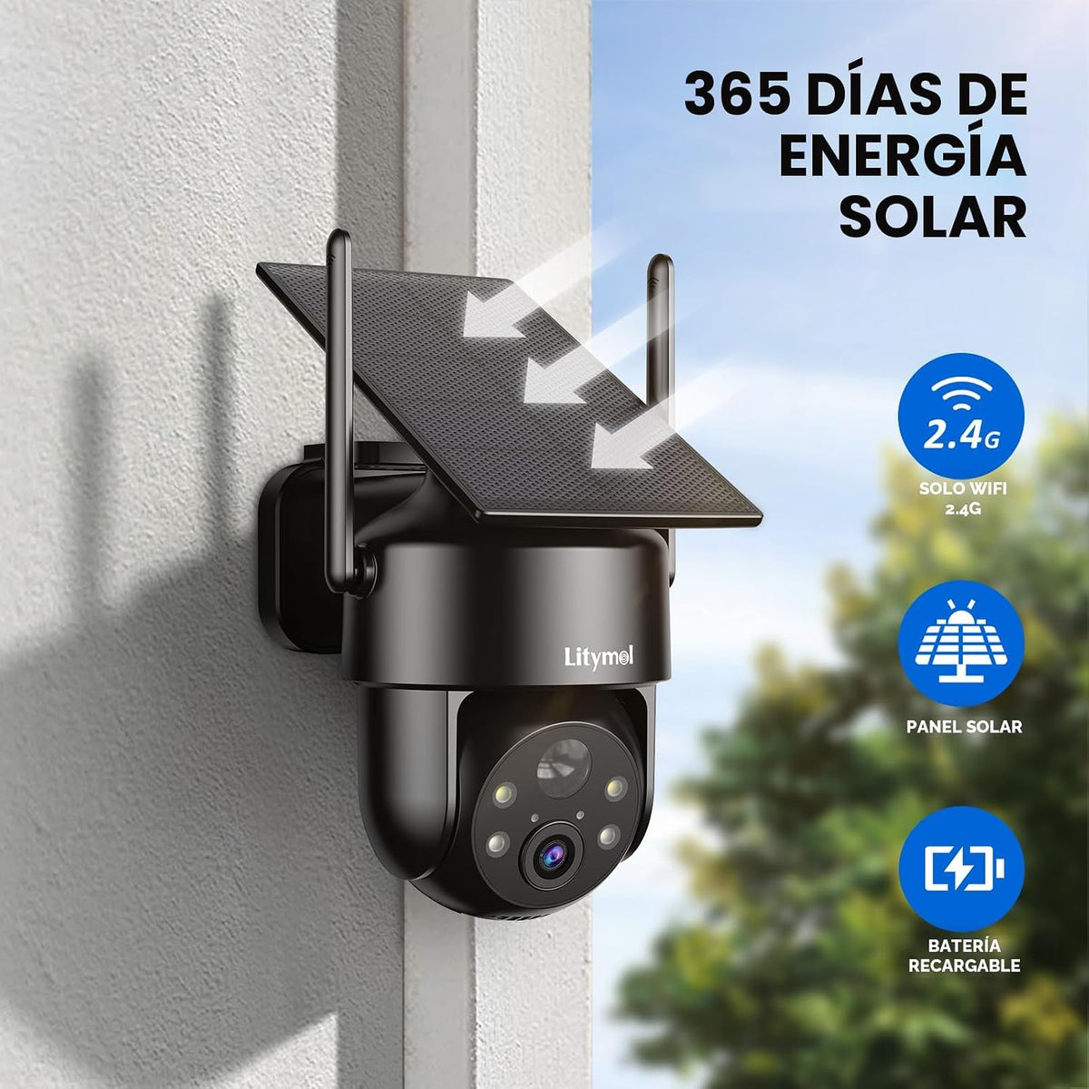 LITYMOL Cámara solar 2K para seguridad en el hogar, cámaras de segu...