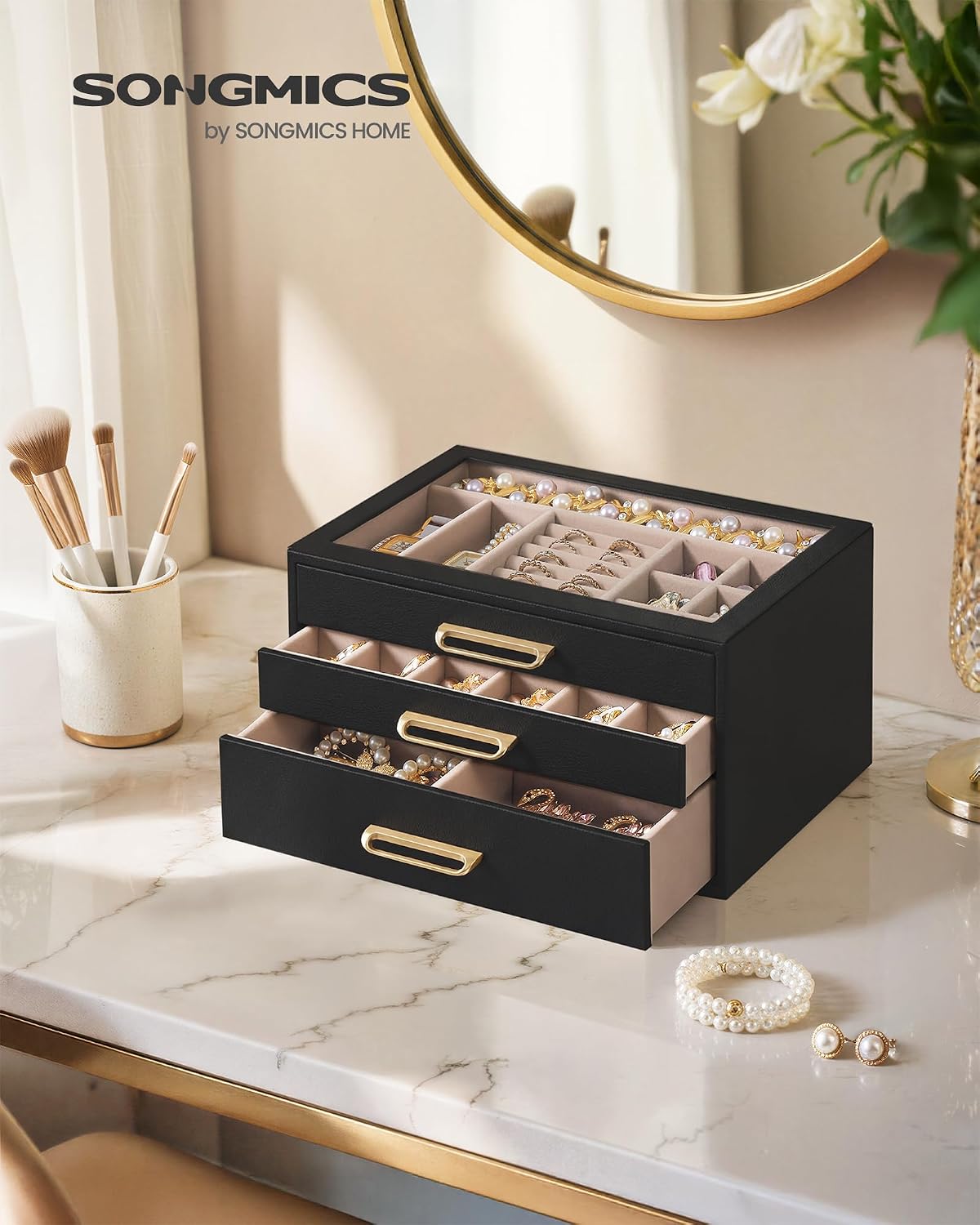 SONGMICS Joyero de 3 capas con ventana de cristal, organizador de a...