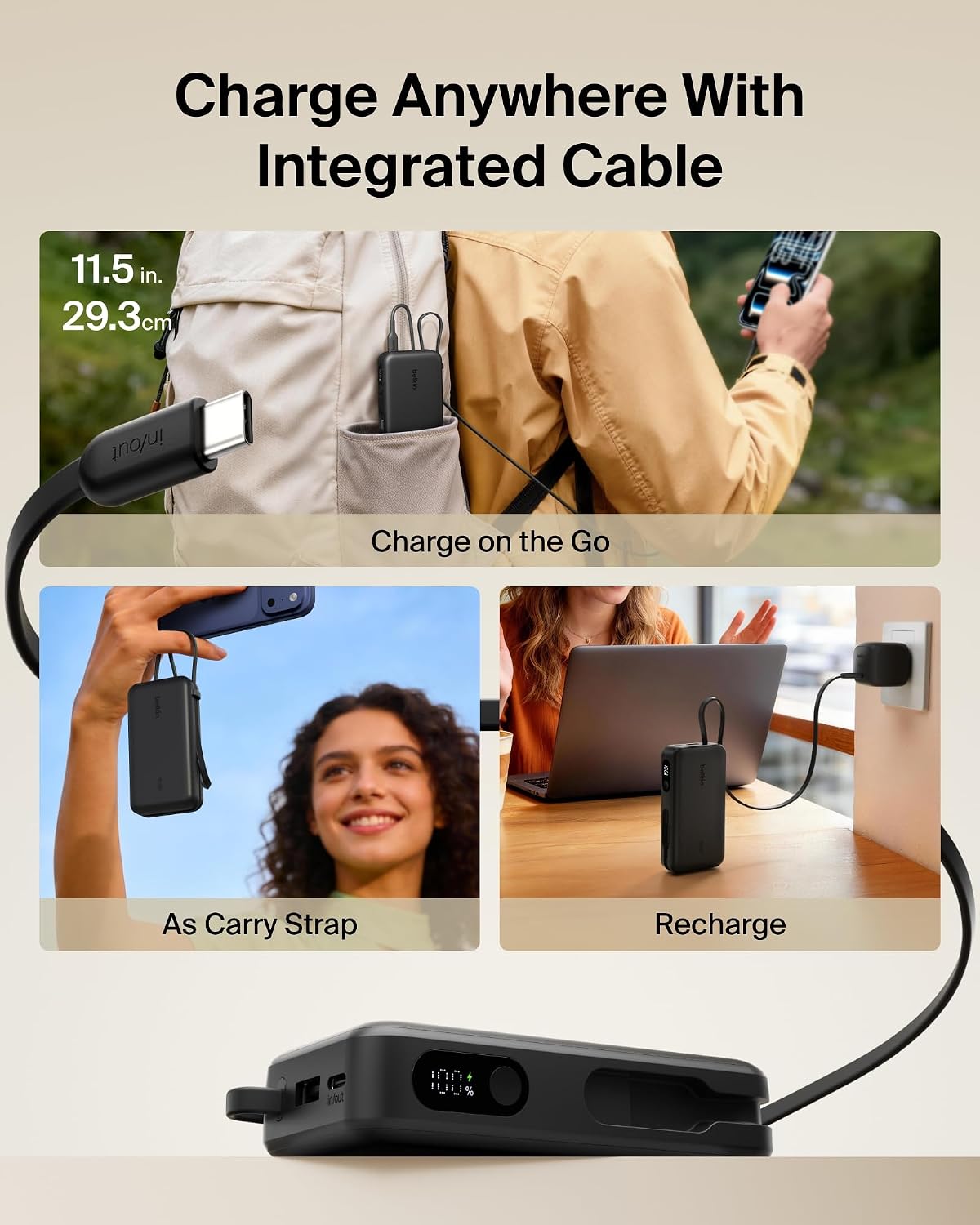 Belkin 10000mAh 45W Cargador portátil Power Bank, cable USB C integ...