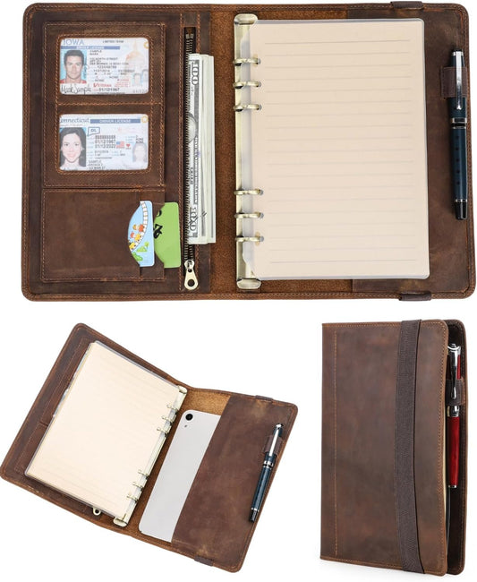 Organizador de cuero A5, carpeta vintage de cuero de grano superior...