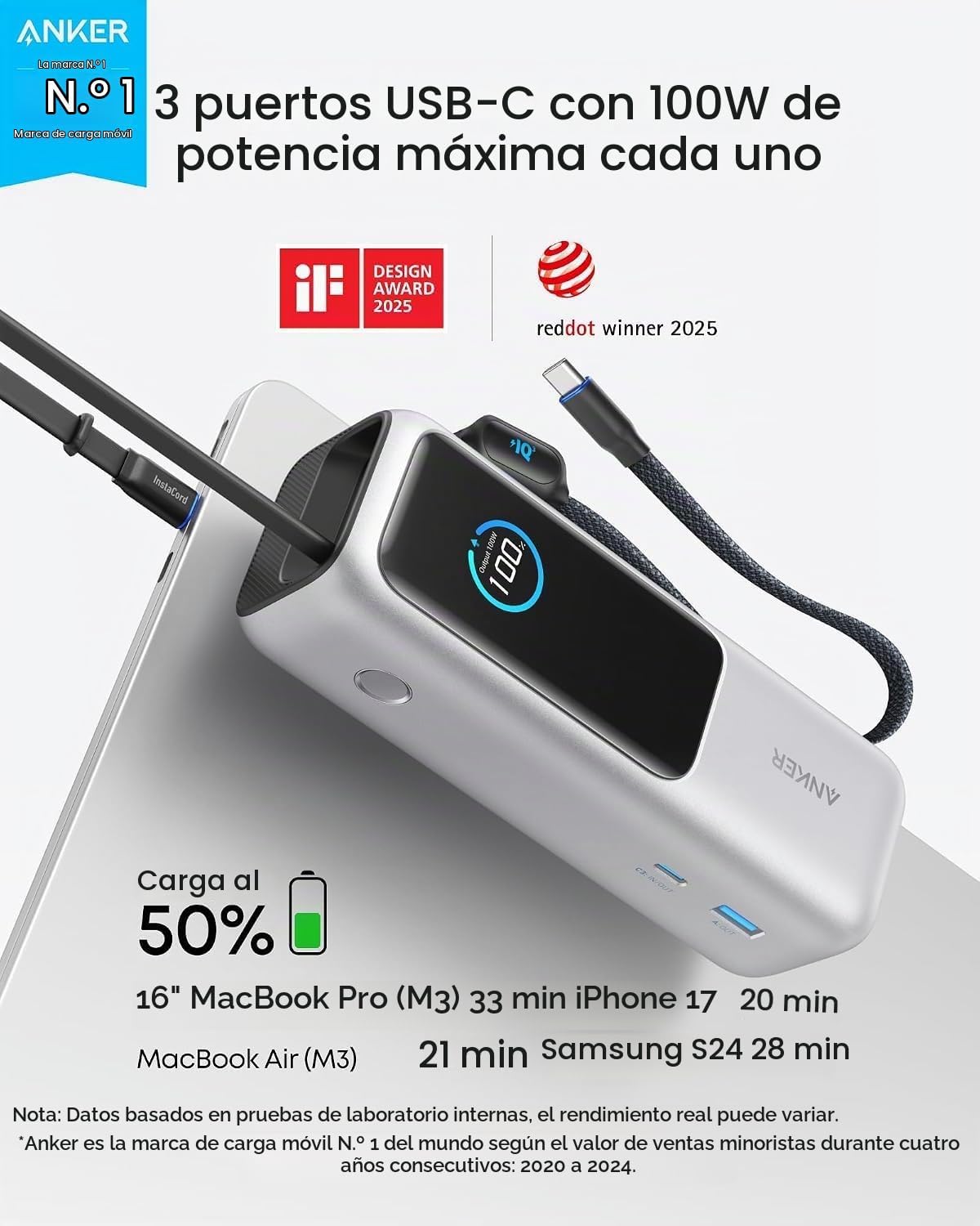 Anker - Batería portátil para laptop de 25,000 mAh con tres puertos...