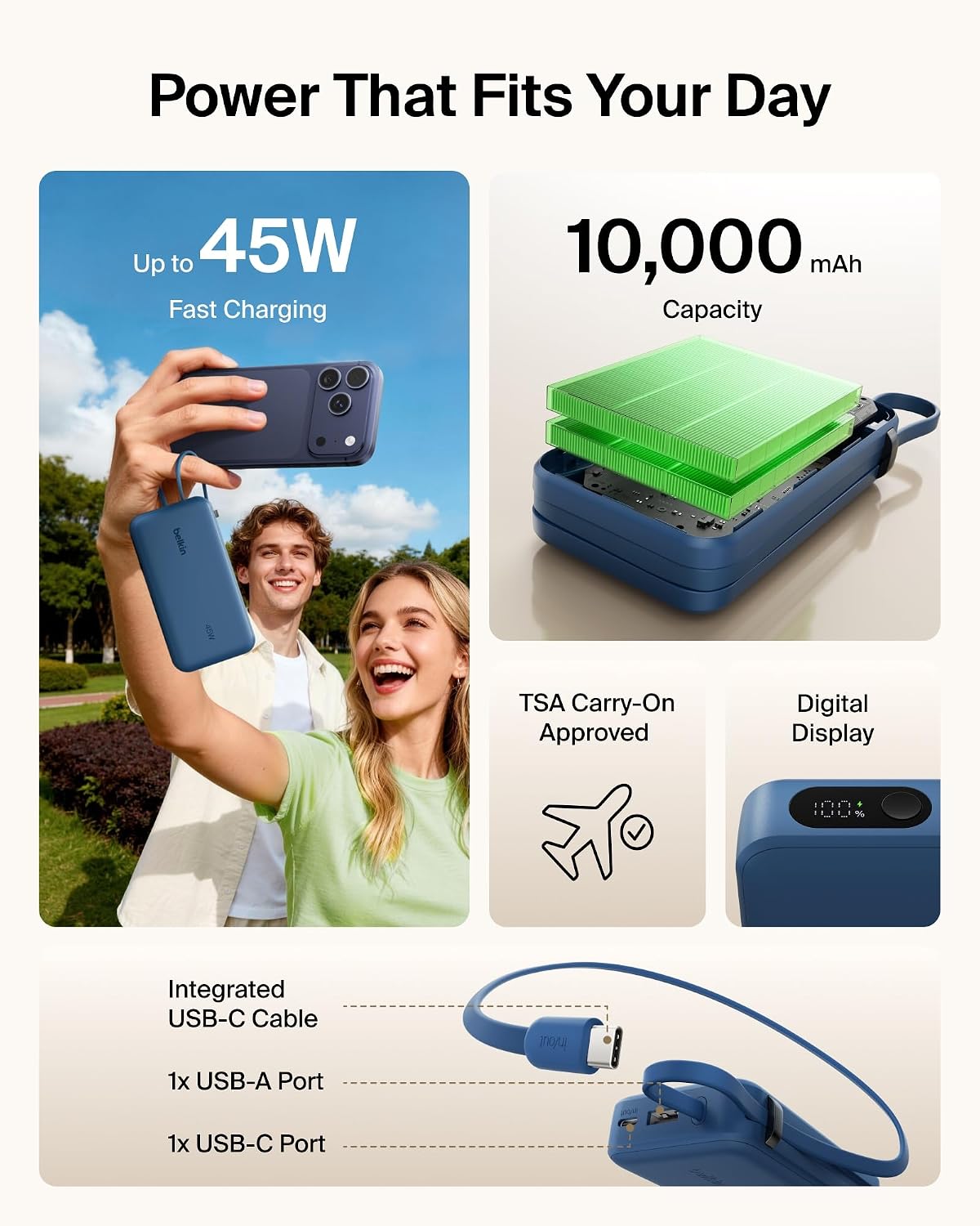 Belkin 10000mAh 45W Cargador portátil Power Bank con cable USB C in...