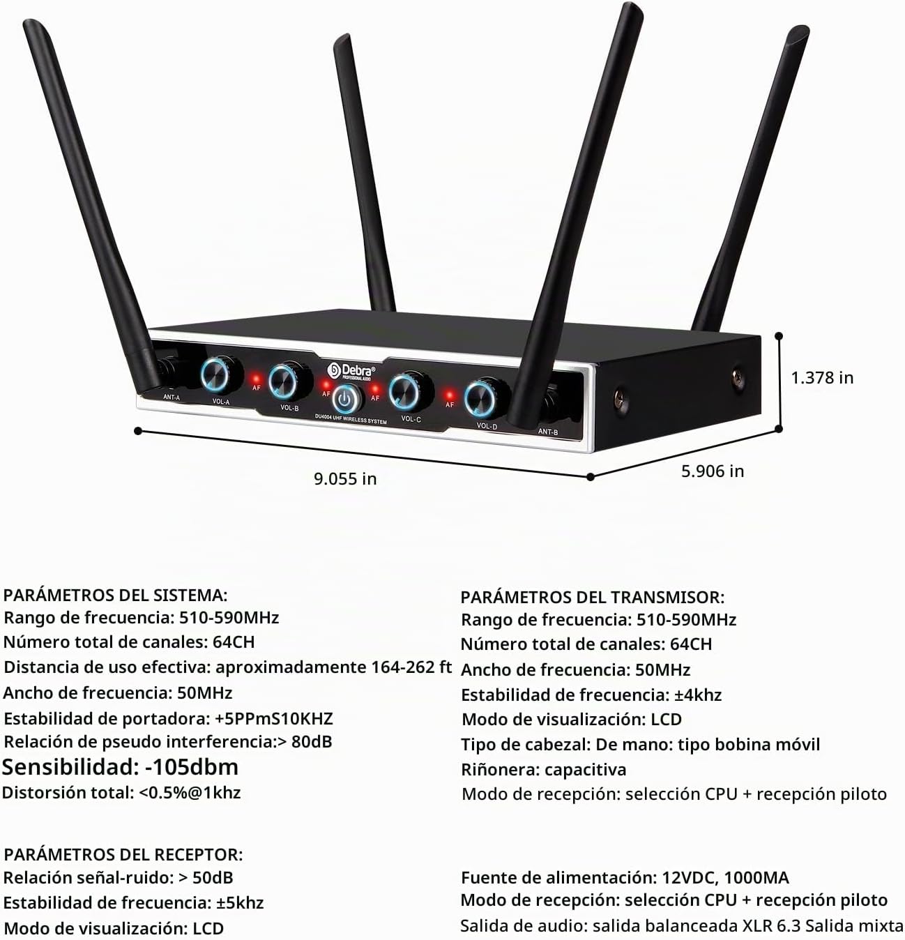 D Debra Sistema de Micrófono Inalámbrico de Audio Pro DU4004 UHF 4...