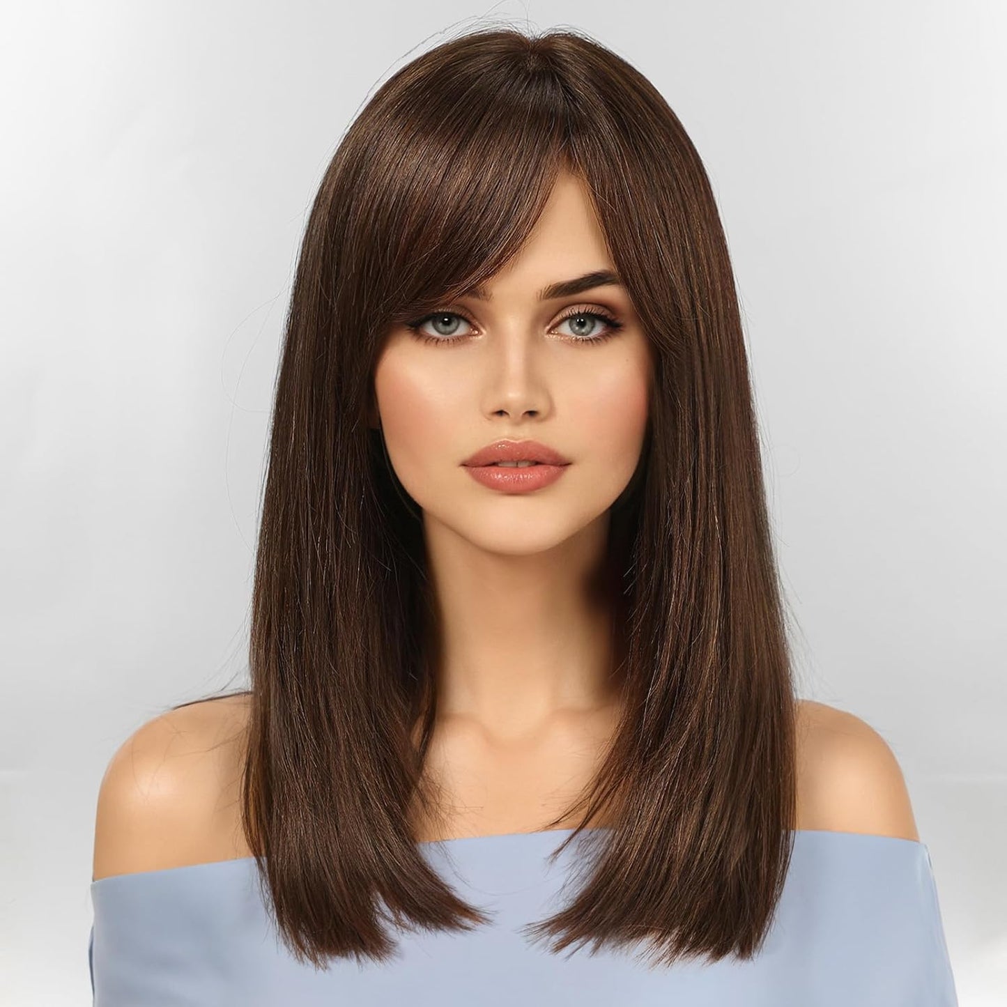 KKU Pelucas de cabello humano castaño oscuro de 16 pulgadas para mu...