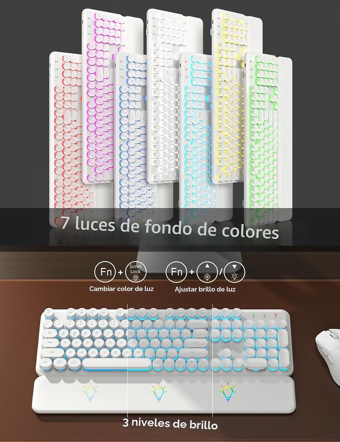 Teclado inalámbrico y mouse retroiluminados, teclado de máquina de...