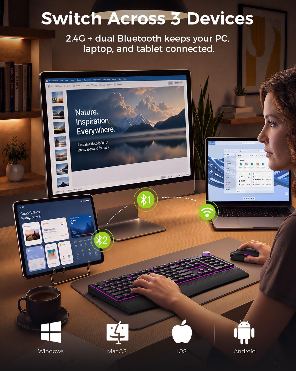 seenda Teclado y mouse inalámbricos Bluetooth, retroiluminación mul...