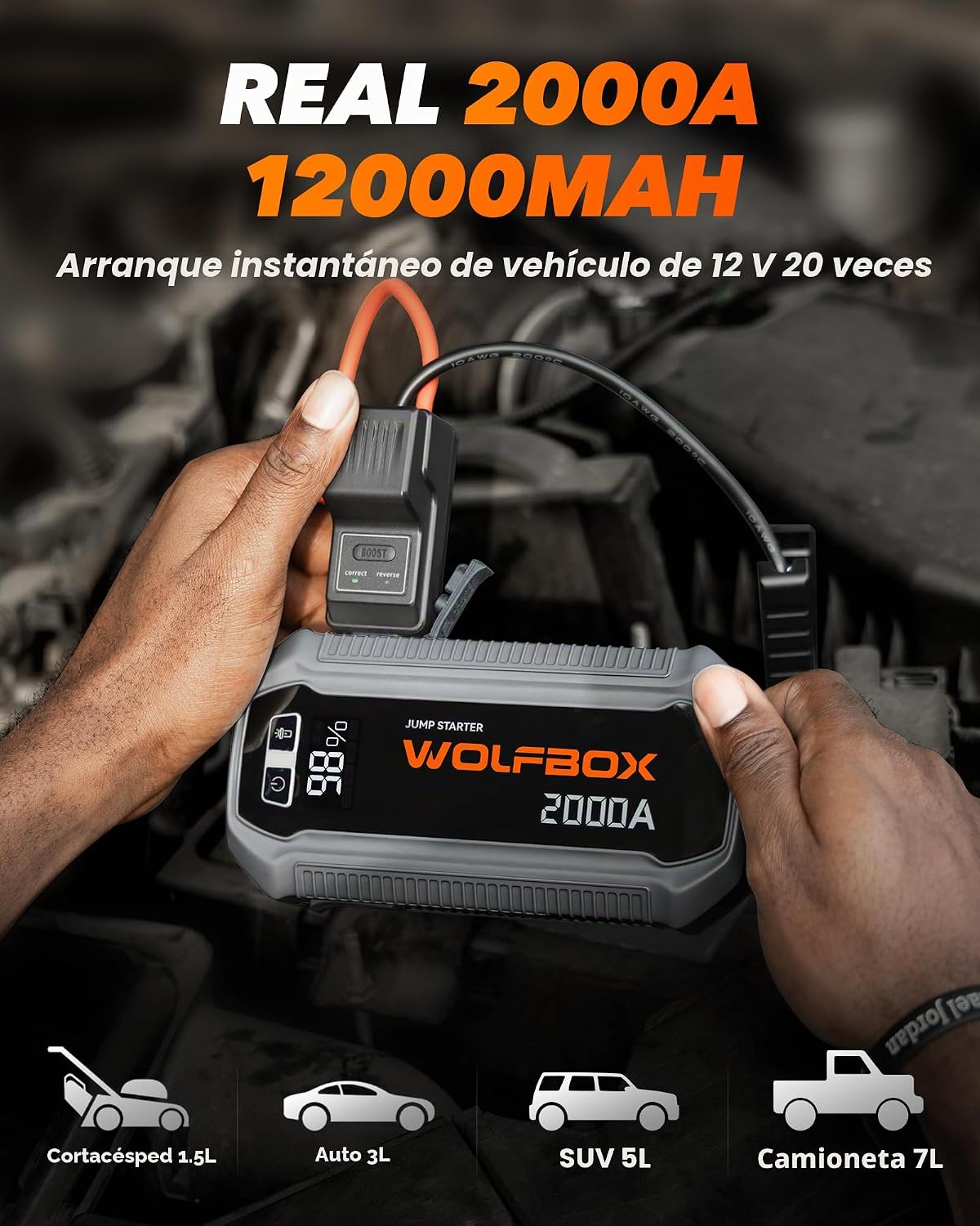 WOLFBOX Arrancador de batería portátil de 2000 A y 44.4 Wh (7L\/6L)...