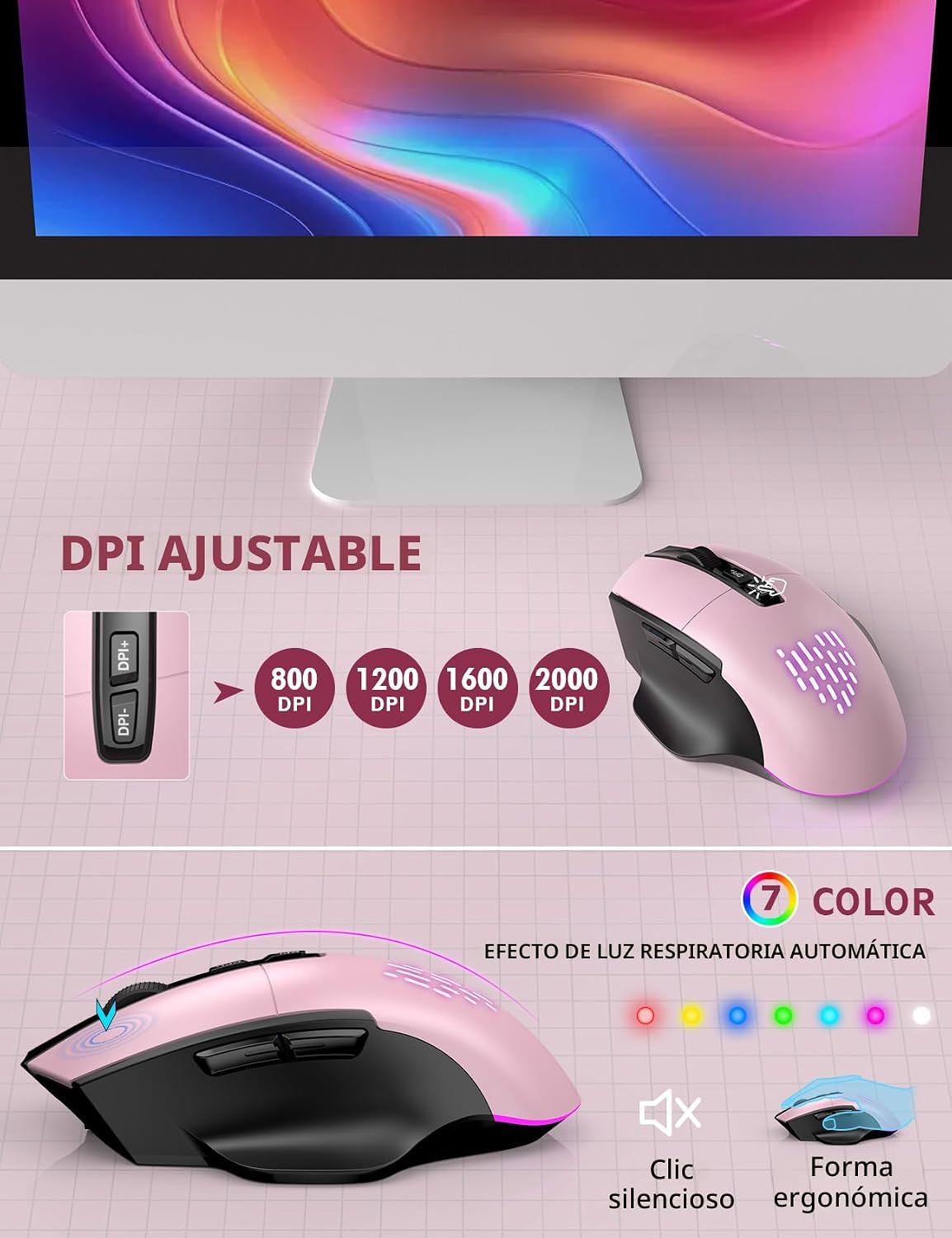 Teclado y Mouse Inalámbricos con Retroiluminación, Reposamuñecas, M...