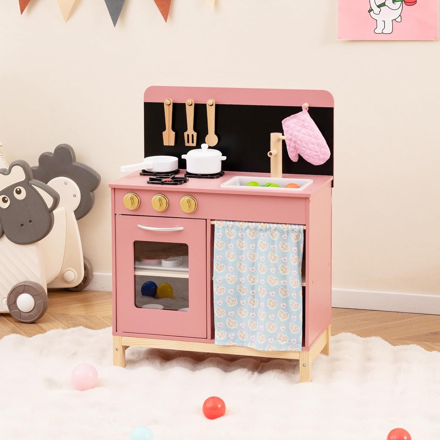 HONEY JOY Juego de cocina rosa para niños, cocina de madera para ni...