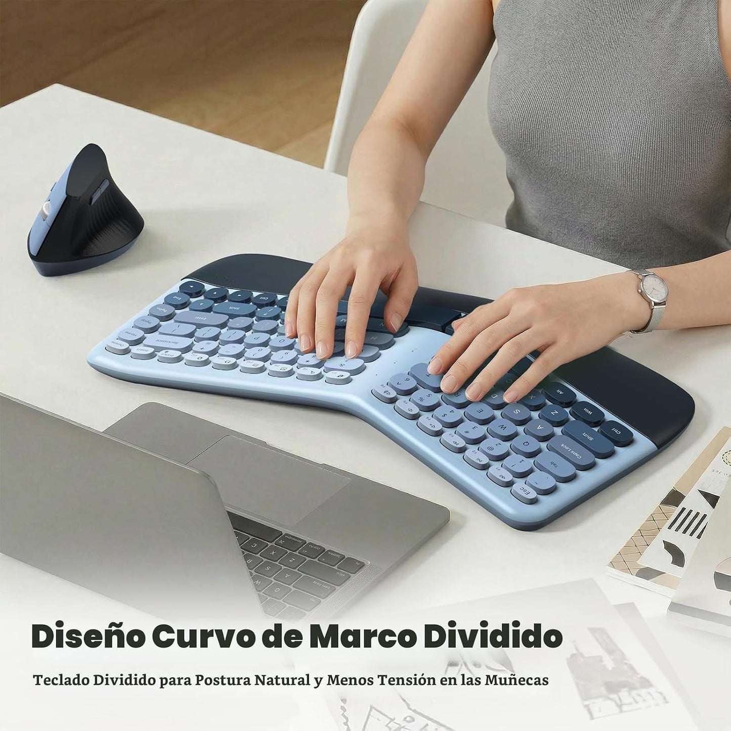 MOFII Combo de teclado y mouse ergonómicos inalámbricos, teclado cu...