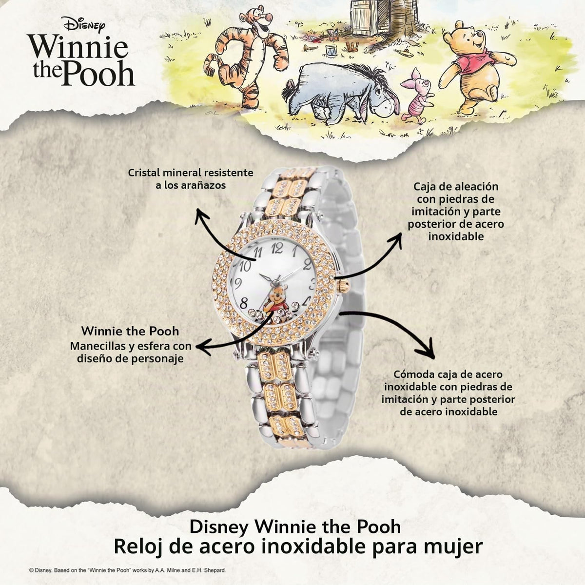Disney Reloj de pulsera de piedras flotantes de cuarzo análogo redo...