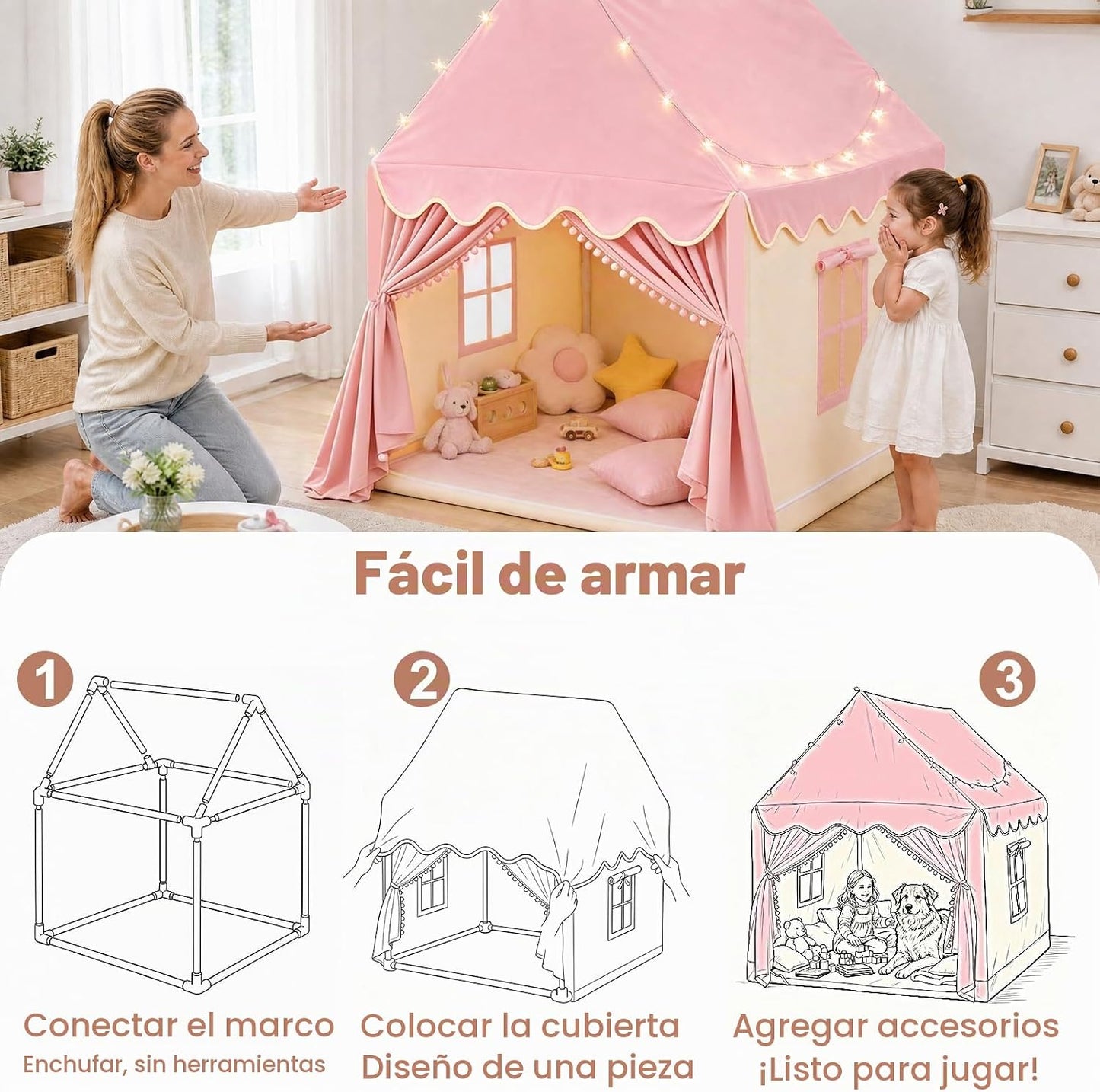 Tienda de juegos grande para niños con tapete y luces de estrellas,...
