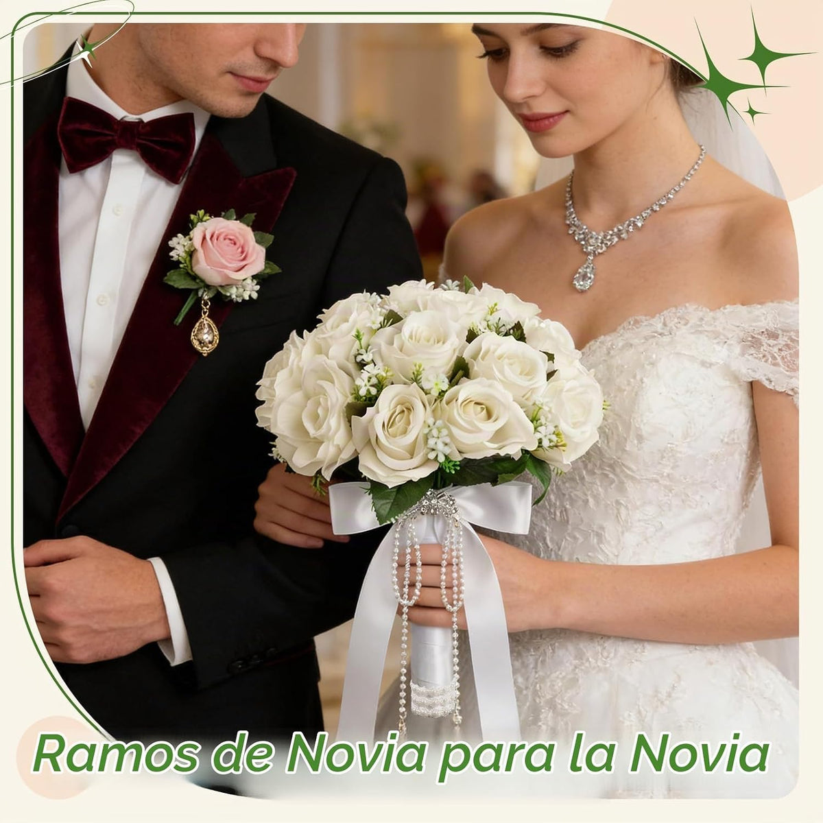 Wowagoga Ramo de boda de 12 pulgadas con cintas de cristales de per...