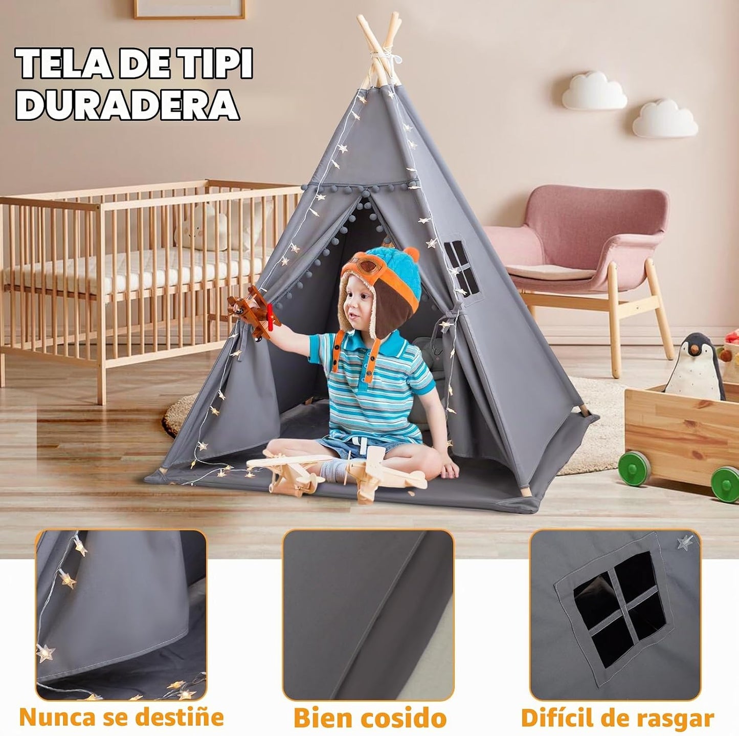 RONGFA Tienda de campaña tipi para niños con alfombra, luces de est...