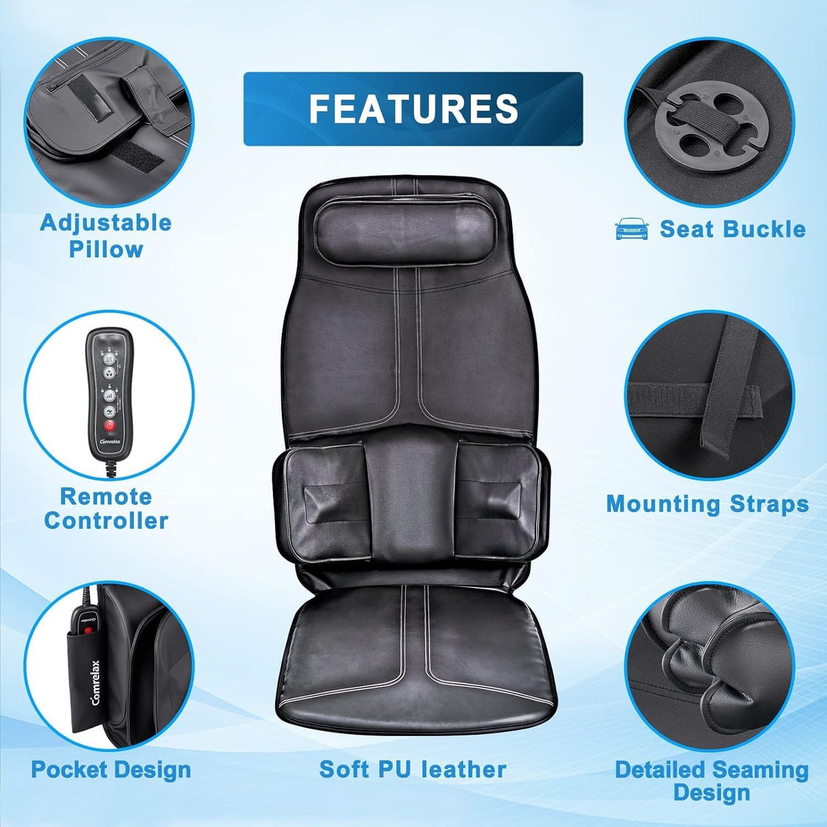 comrelax Cojín de masaje de espalda con compresa, asiento de vibrac...