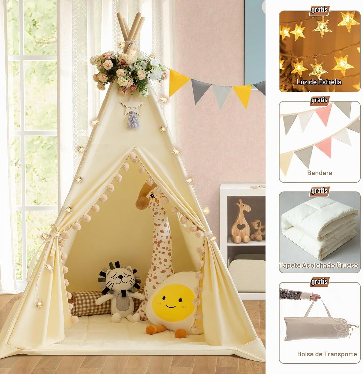 WIRHAO Tienda de campaña tipi para niños con alfombrilla acolchada,...