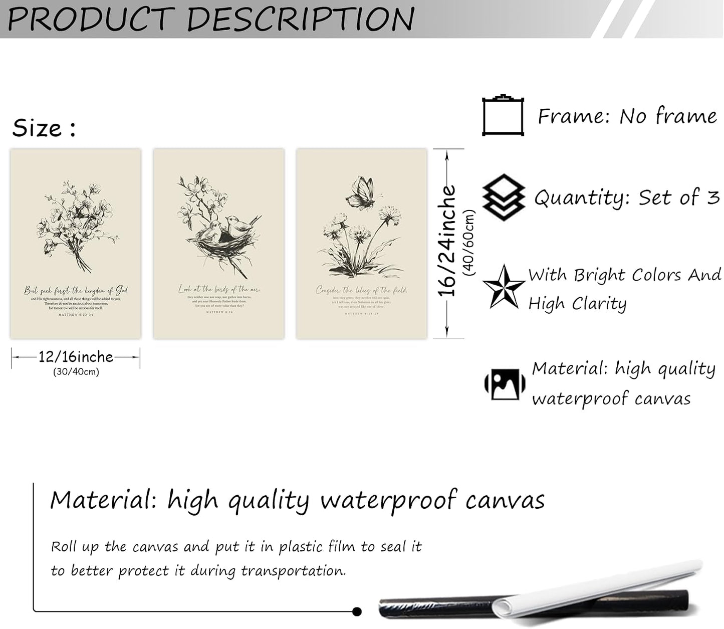 3 pósteres de lienzo floral cristiano para pared, arte de pared con...