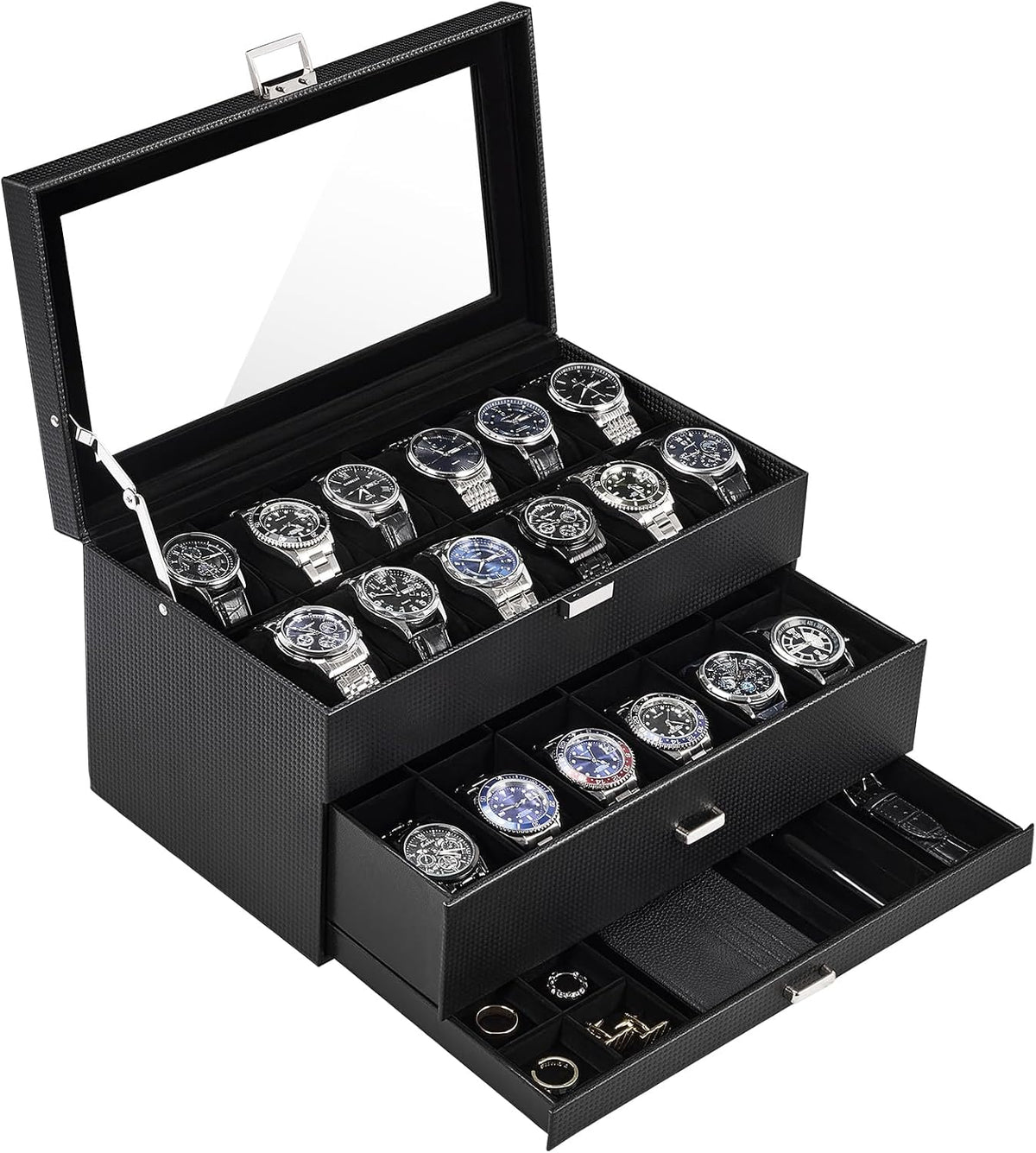 ProCase Caja de reloj de 3 capas con tapa de vidrio para hombre, 24...
