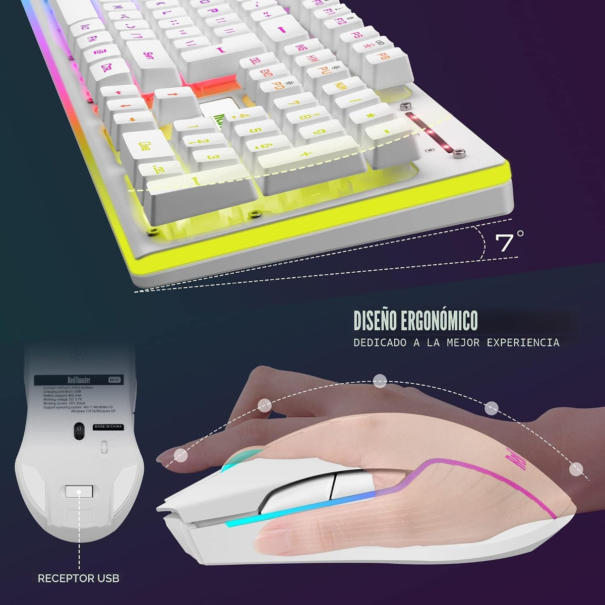 RedThunder K10 Combo de Teclado y Ratón Inalámbrico para Juegos, Re...