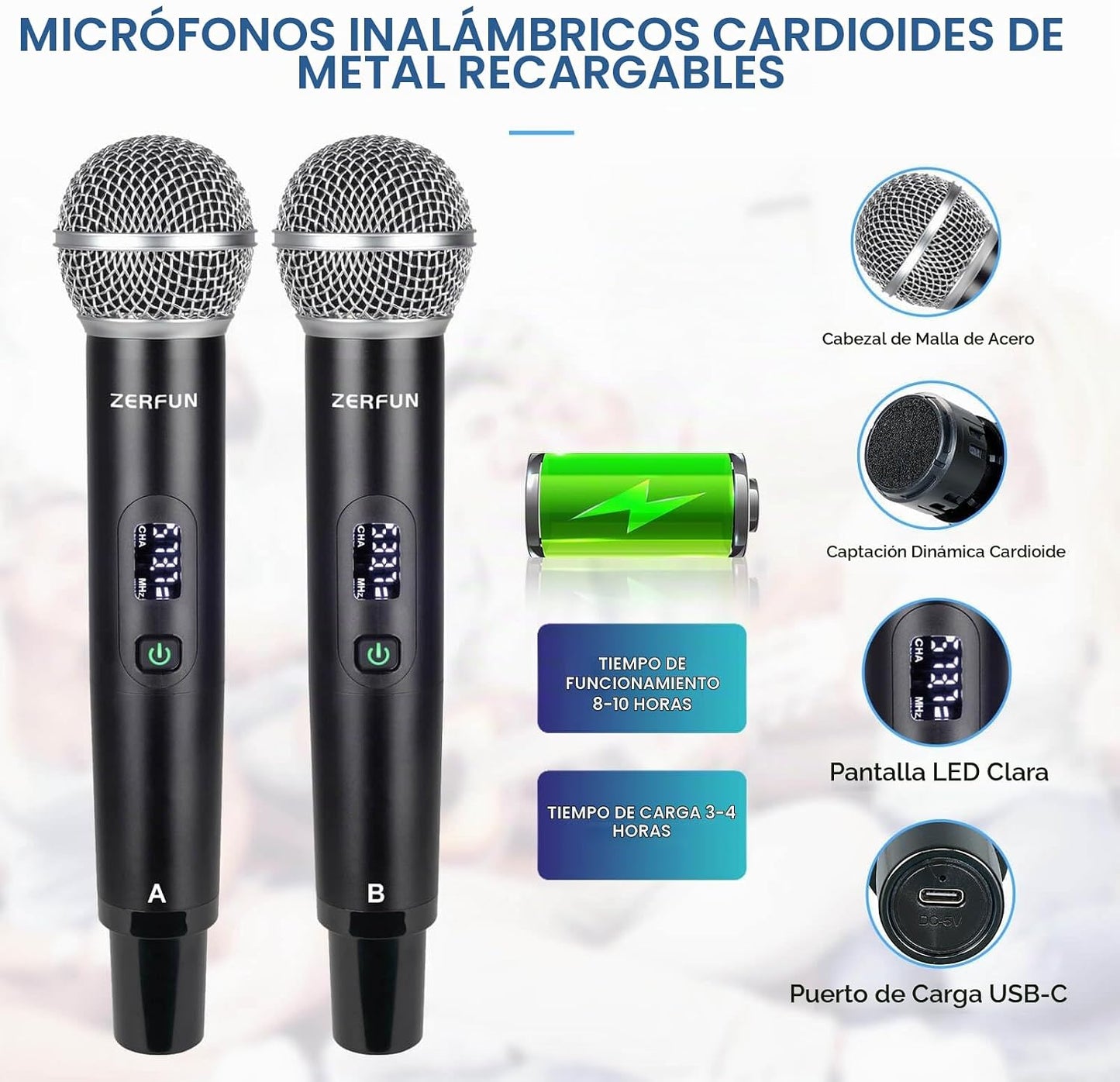 ZERFUN Pro - Sistema de micrófono inalámbrico de 4 canales recargab...