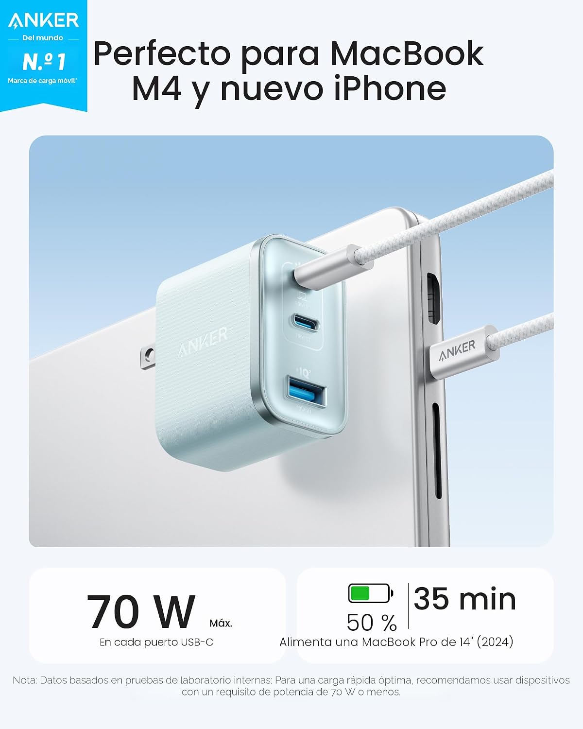 Anker Cargador rápido Nano 70W Max de 3 puertos USB C, cargador tip...