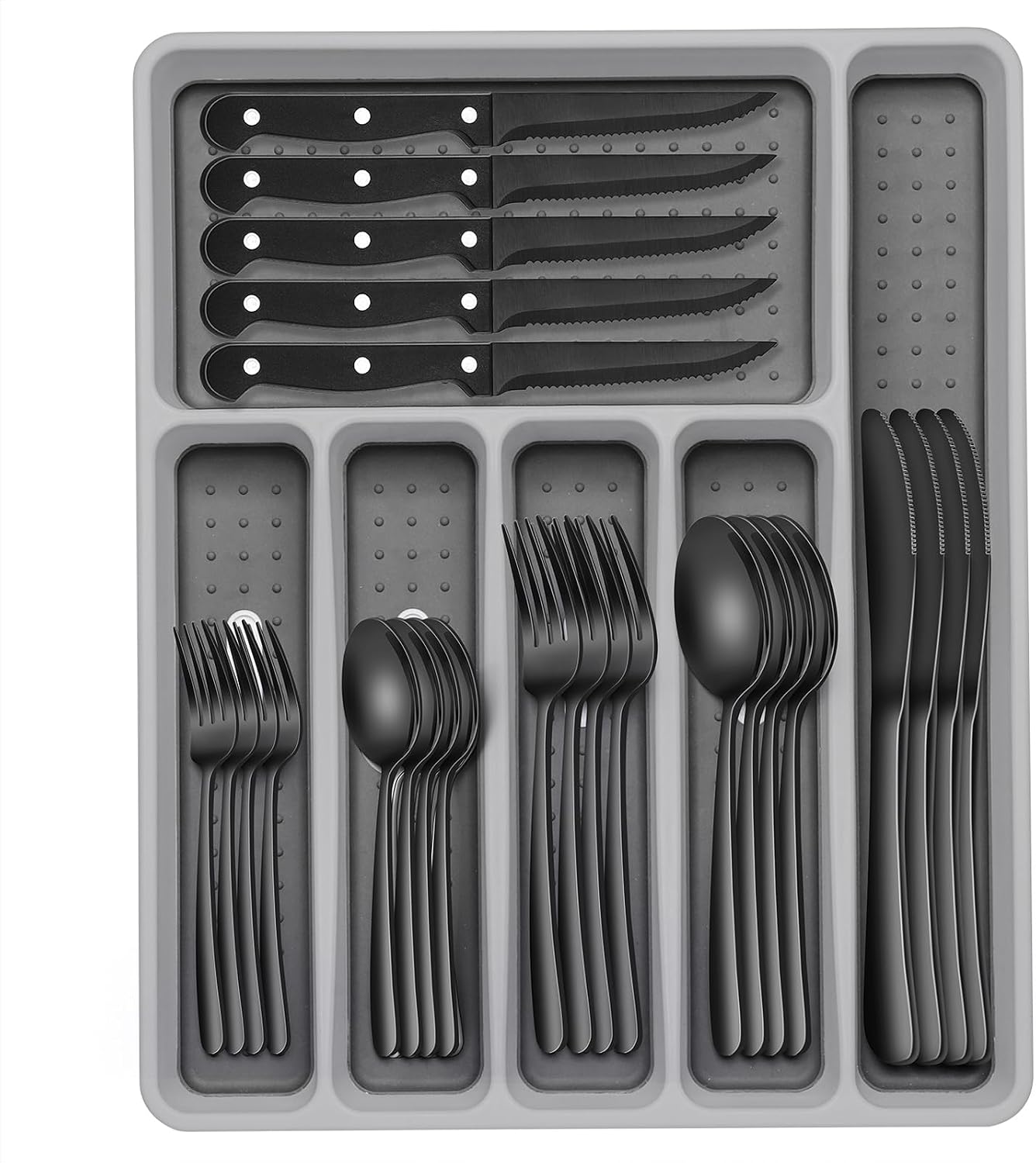 Juego de cubiertos negros de 49 piezas con organizador, juego de cu...