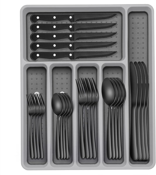 Juego de cubiertos negros de 49 piezas con organizador, juego de cu...