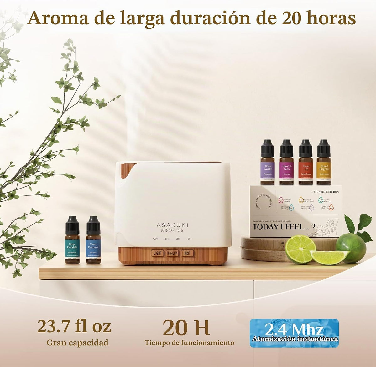 ASAKUKI - Difusor de aceites esenciales de 700 ml, ultrasónico, hum...