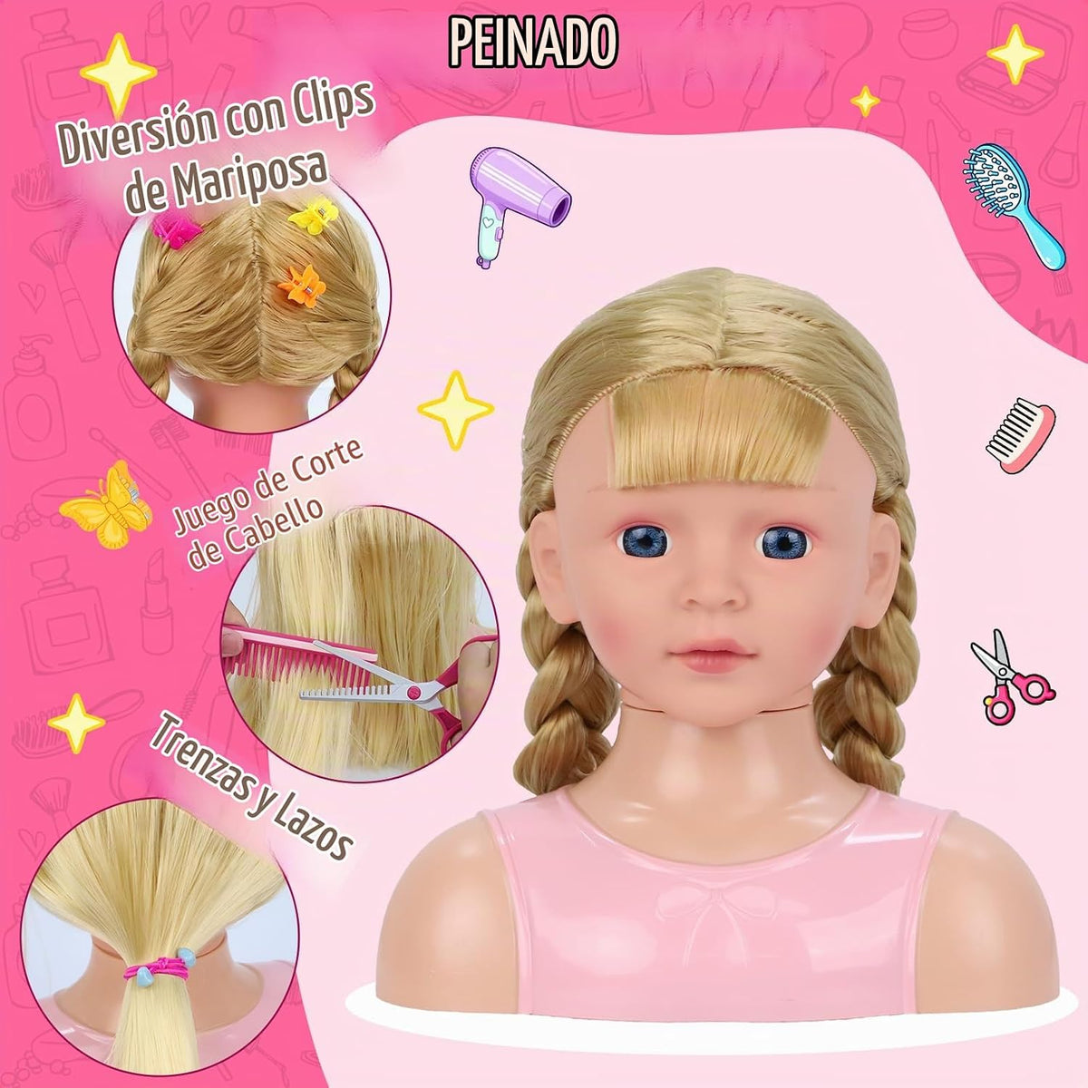 Cabeza de Muñeca para Estilo de Cabello Infantil, Juguetes de Peluq...