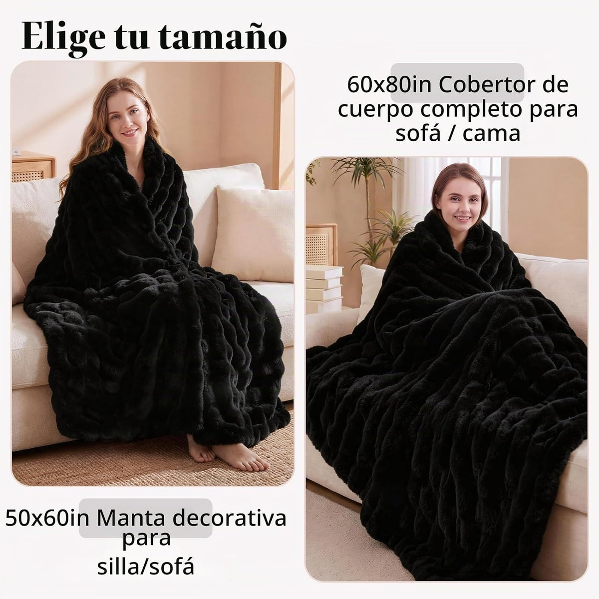 Opulapel Manta de Piel Sintética Negra para Sofá Cama, Mullida Suav...