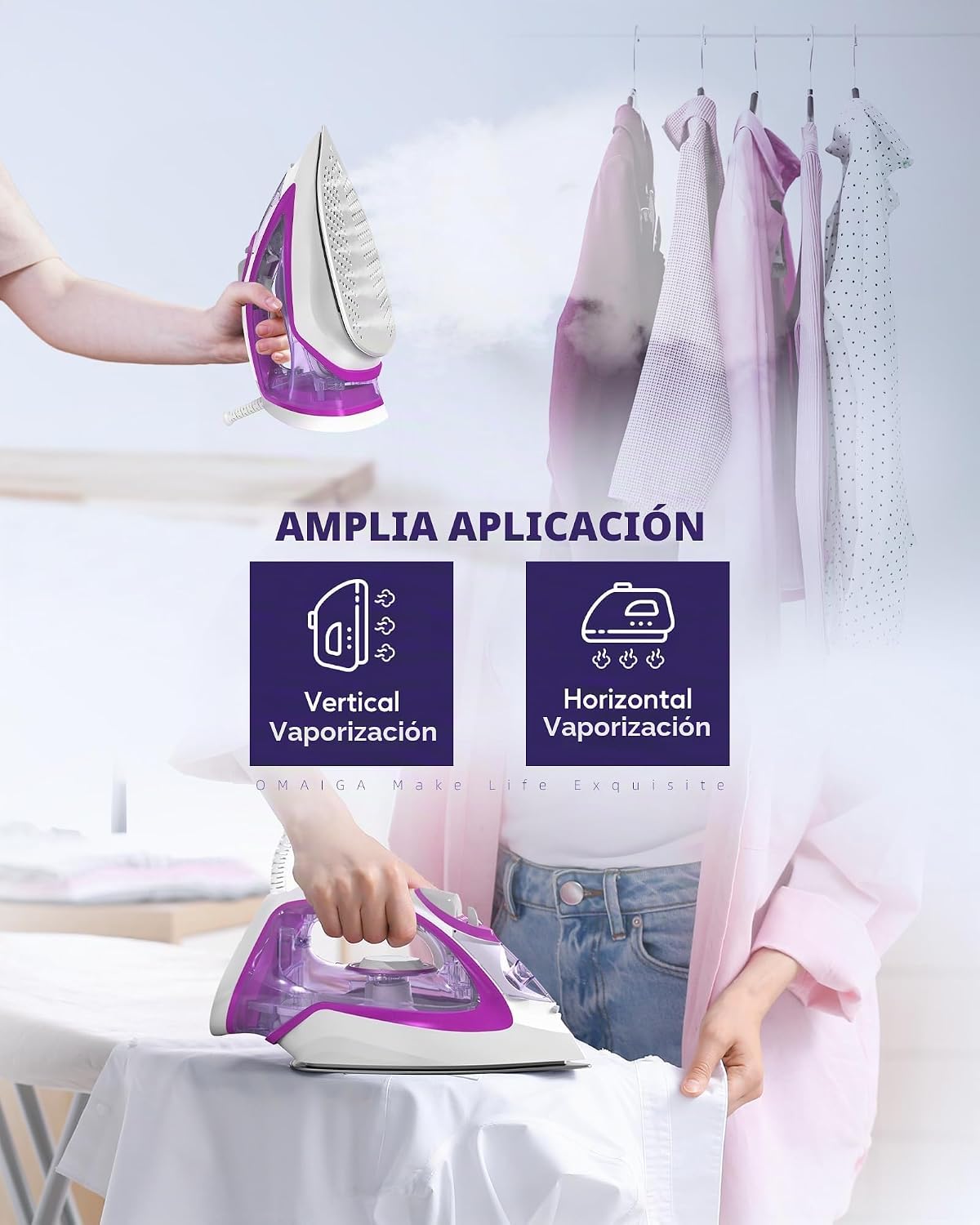 OMAIGA Plancha de vapor para ropa, plancha de 1750 W con calentamie...