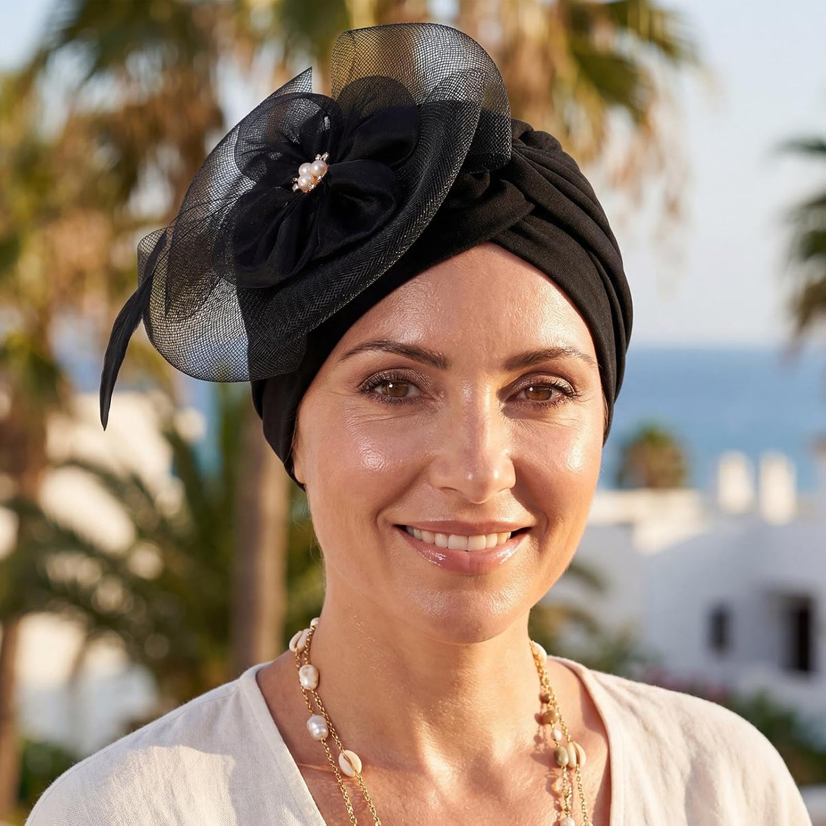 Bohend Gorro turbante con diamantes de imitación de flores, nudo de...