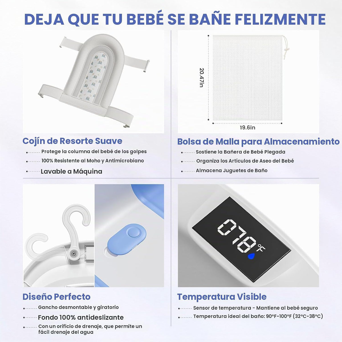 Bañera plegable para bebés, bañeras para bebés recién nacidos con c...