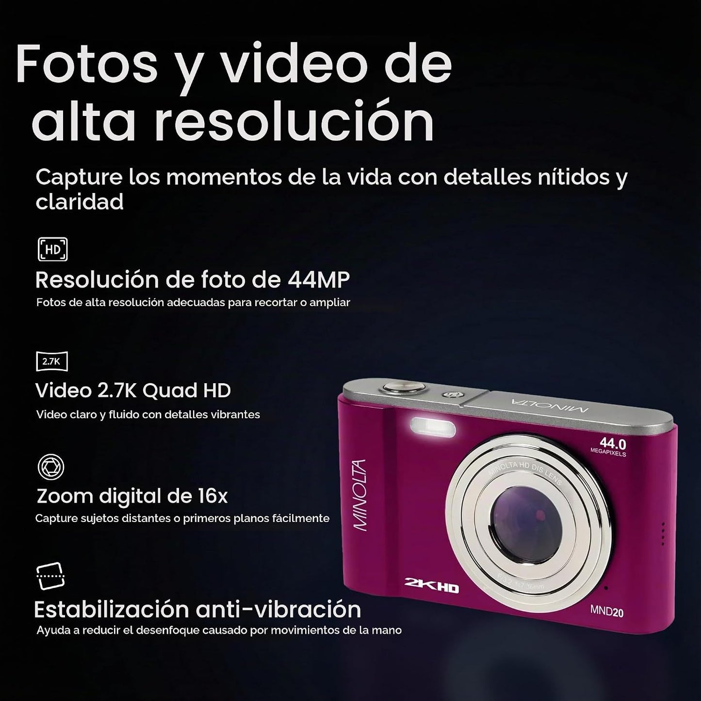 Minolta Minolta MND20 Cámara digital 44 MP 2.7K Ultra HD (Magenta)...