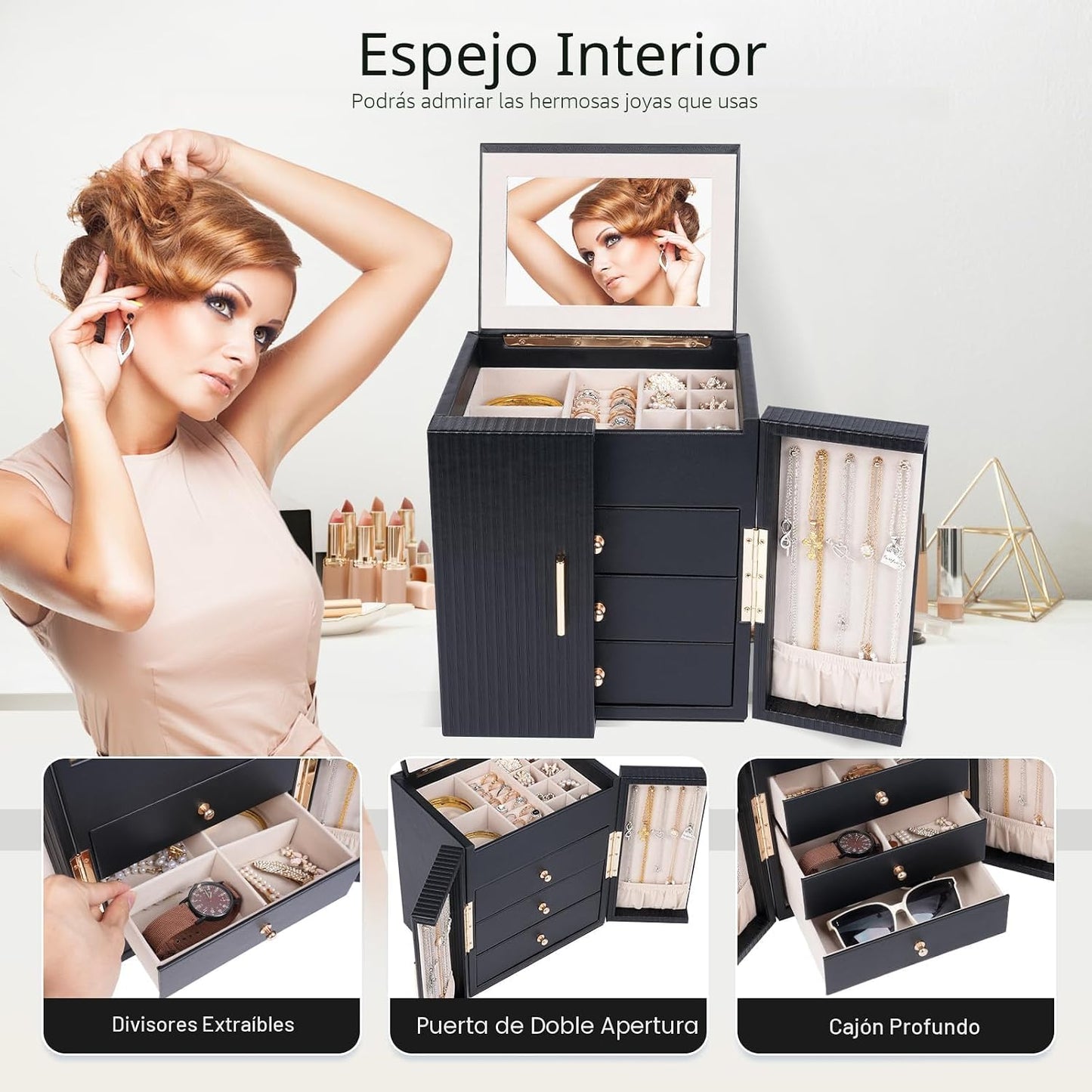 Dajasan Caja grande de joyería para mujer, organizador de joyería c...