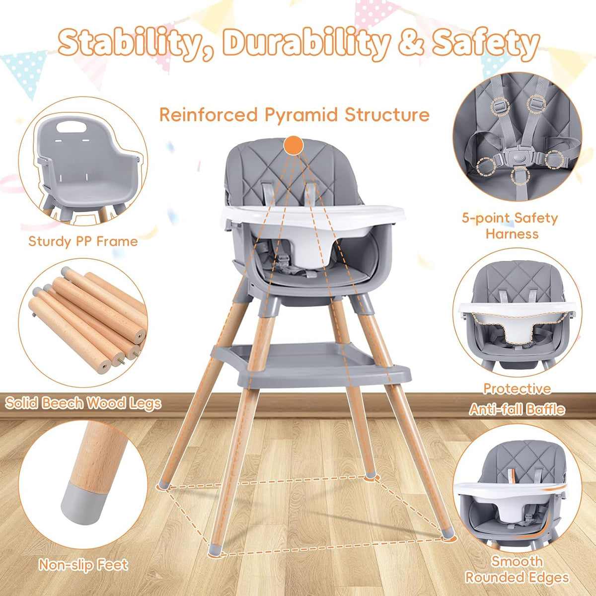 Silla alta Babyliebe para bebé, silla alta de madera convertible 8...