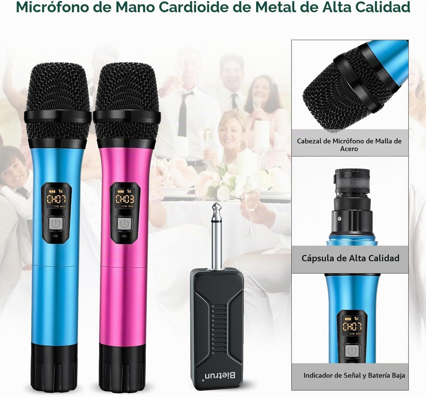 Micrófono inalámbrico, Bietrun UHF de metal, sistema de micrófono d...