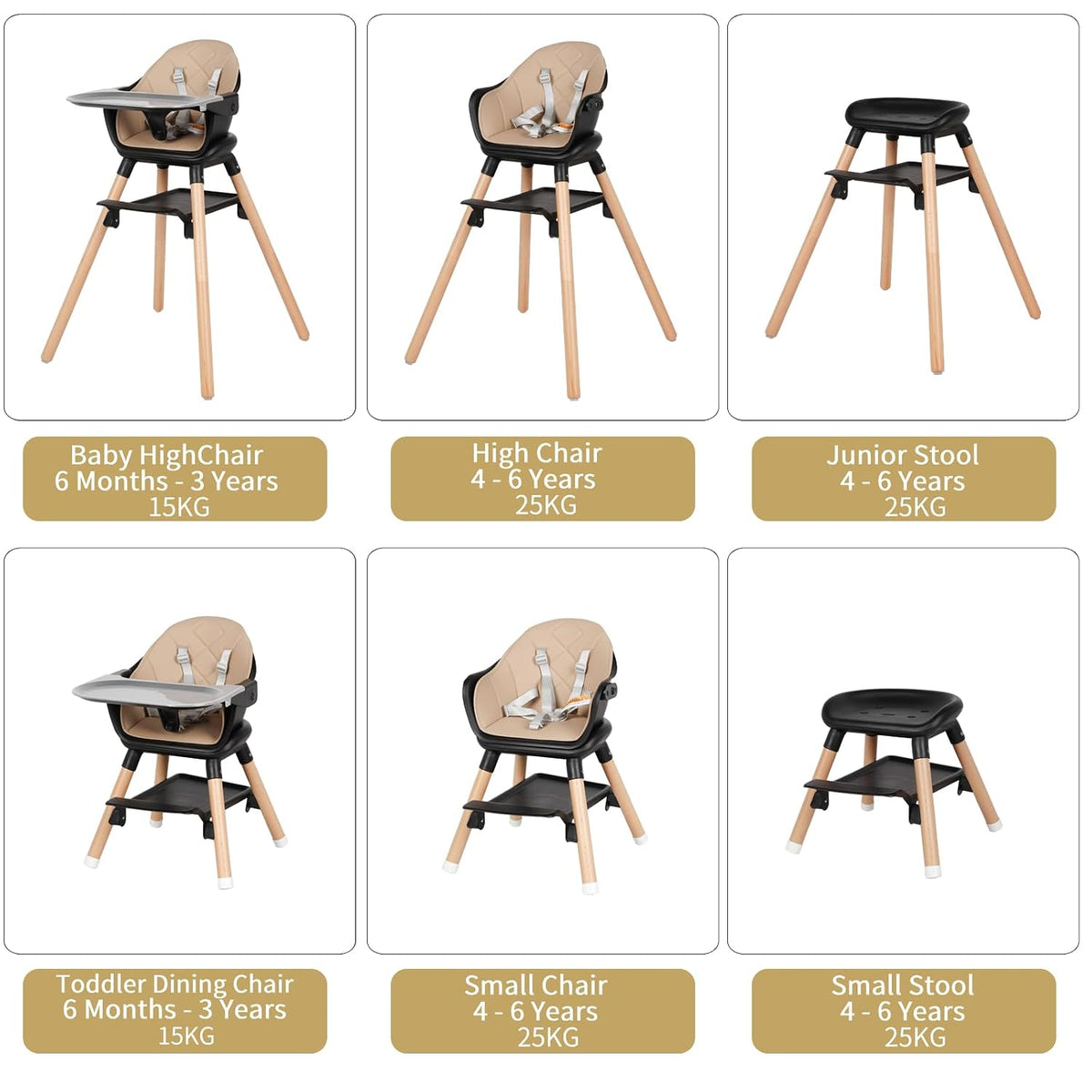 Silla alta para bebé 6 en 1, sillas altas convertibles de madera, c...