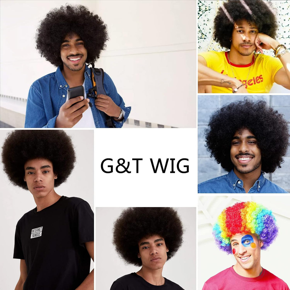 G&amp;T Wig Peluca afro para hombres, de los años 70 y 80, corta, r...
