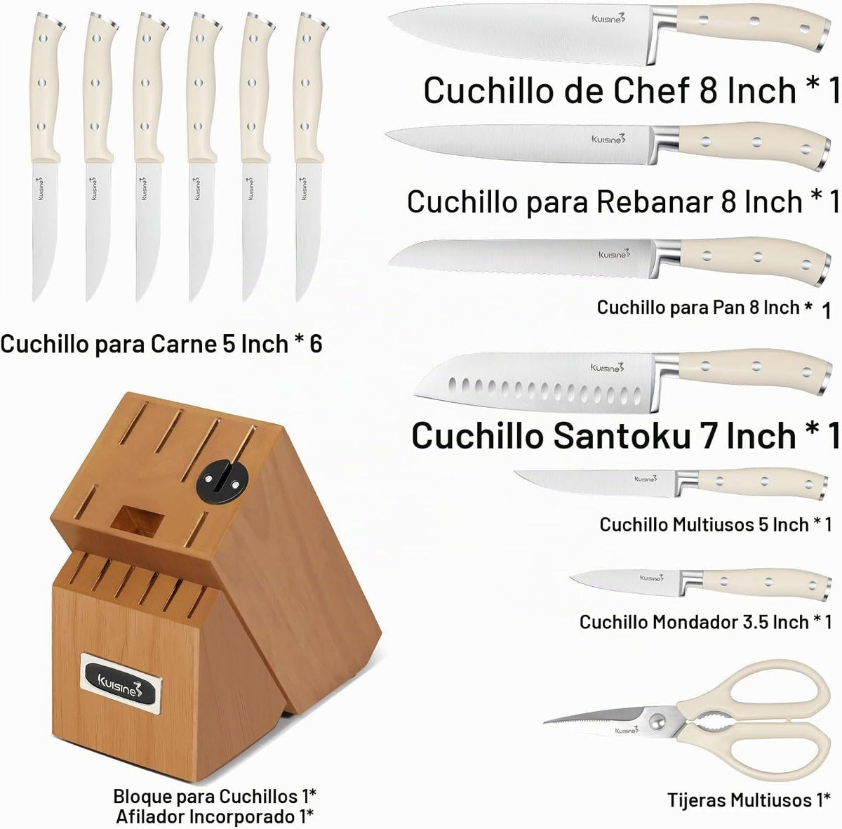 Juego de cuchillos de cocina Kuisine, hoja de acero inoxidable de a...