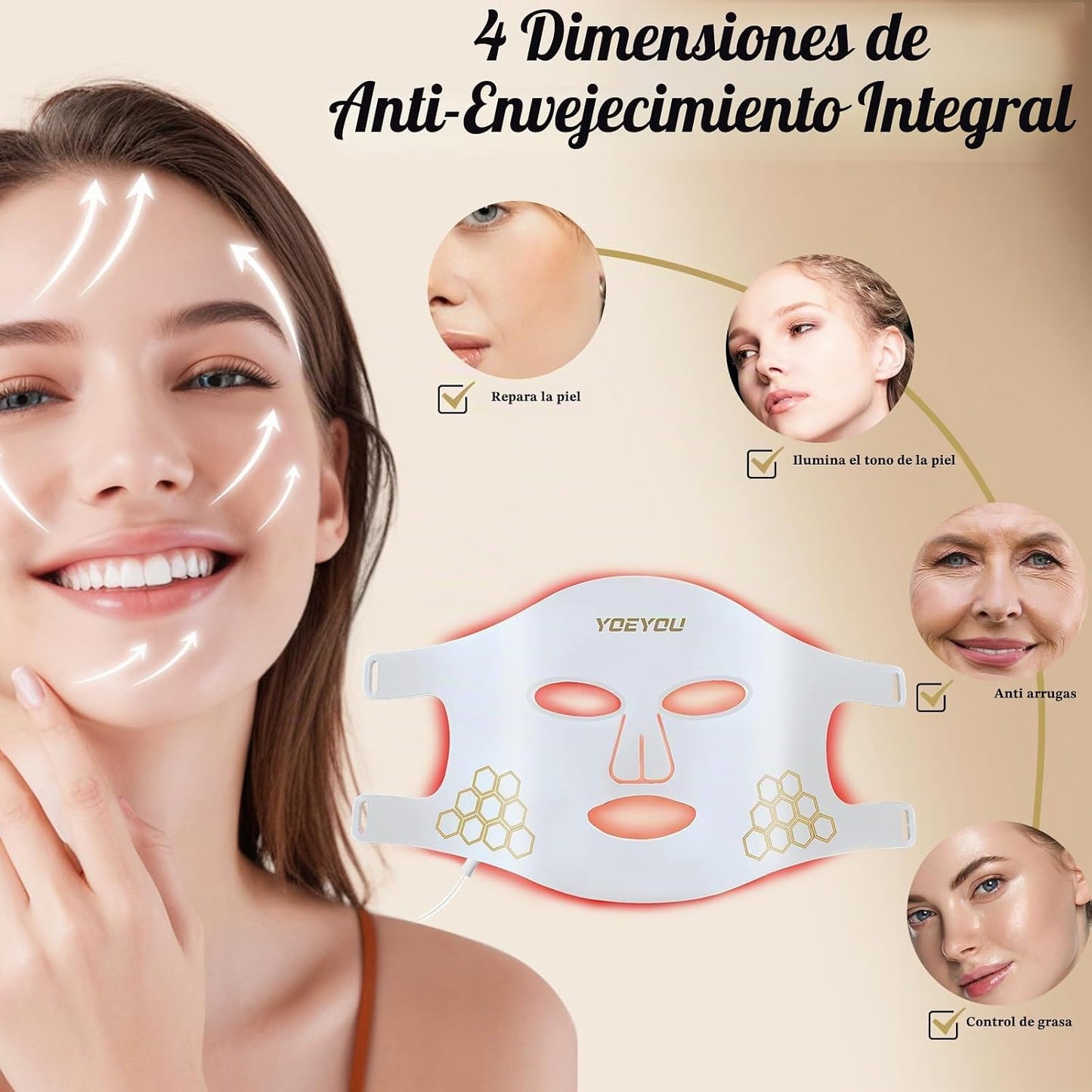 YOEYOU Terapia de luz roja para cara, máscara facial LED infrarroja...
