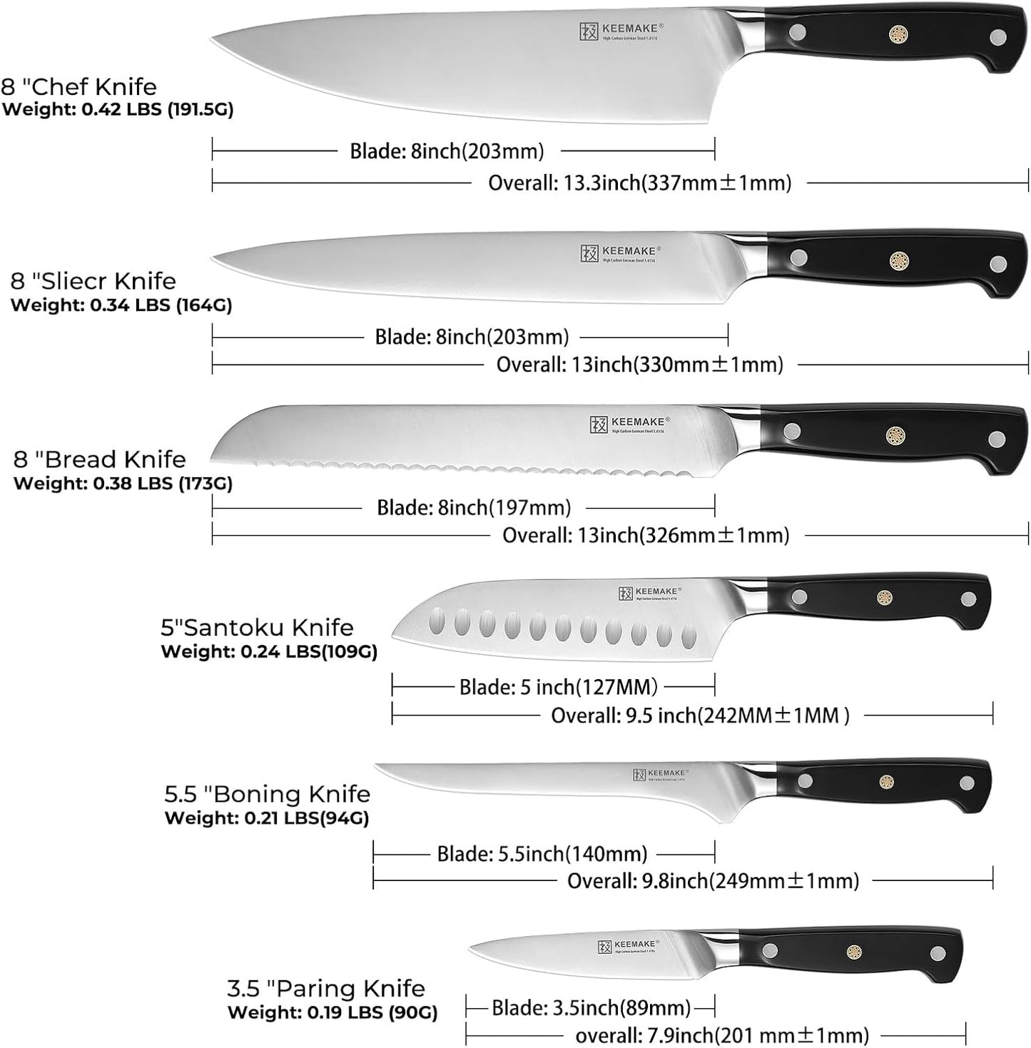 KEEMAKE Juego de cuchillos de chef, 6 piezas de cuchillos de cocina...
