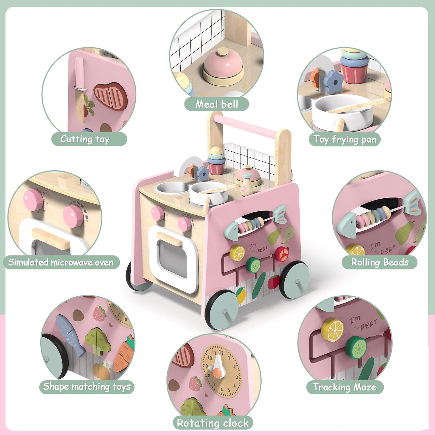 Gigglegems Andador de madera para bebés 4 en 1 con juguetes de empu...