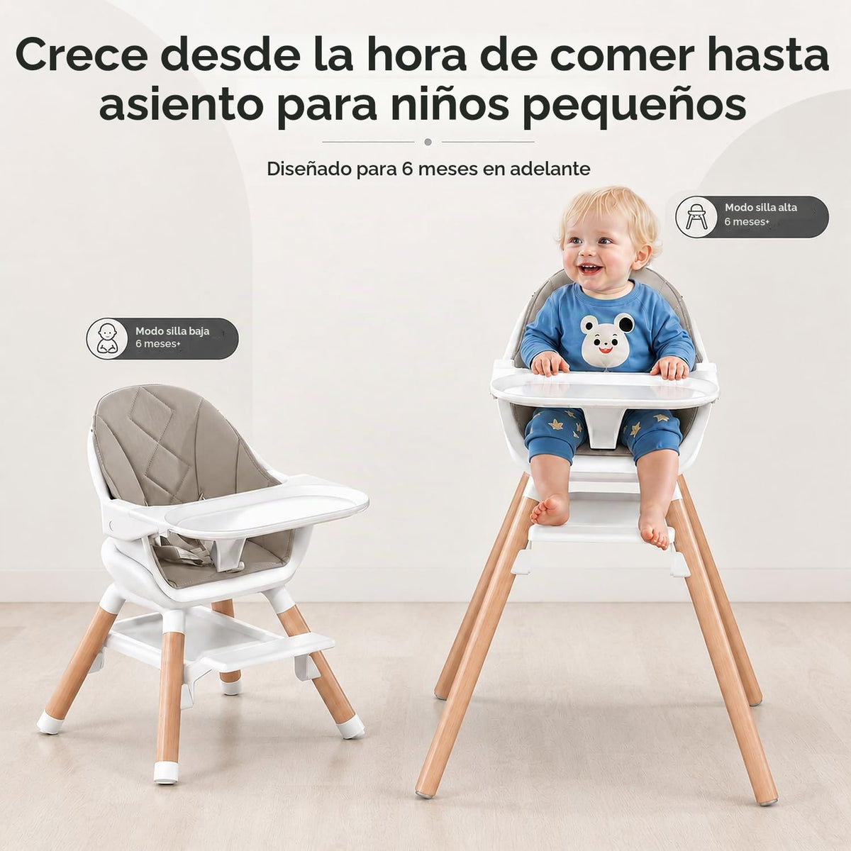 DDIOYIUR Silla alta convertible 6 en 1 para bebé, patas de madera d...