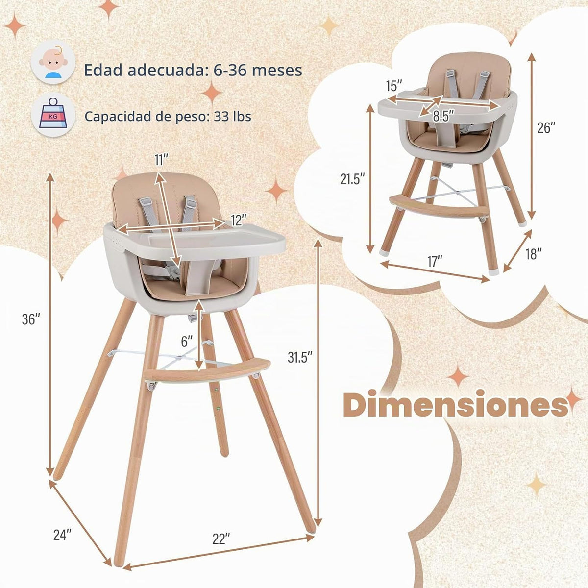 HONEY JOY Silla alta para bebé, silla alta 6 en 1 de madera Eat &am...