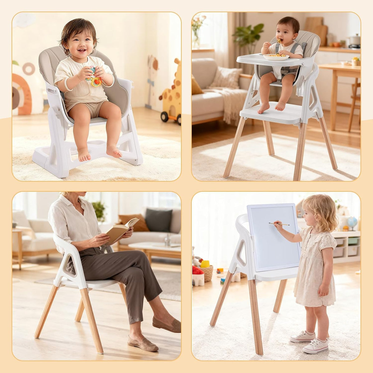Silla alta para bebé, silla alta convertible de madera 4 en 1 para...