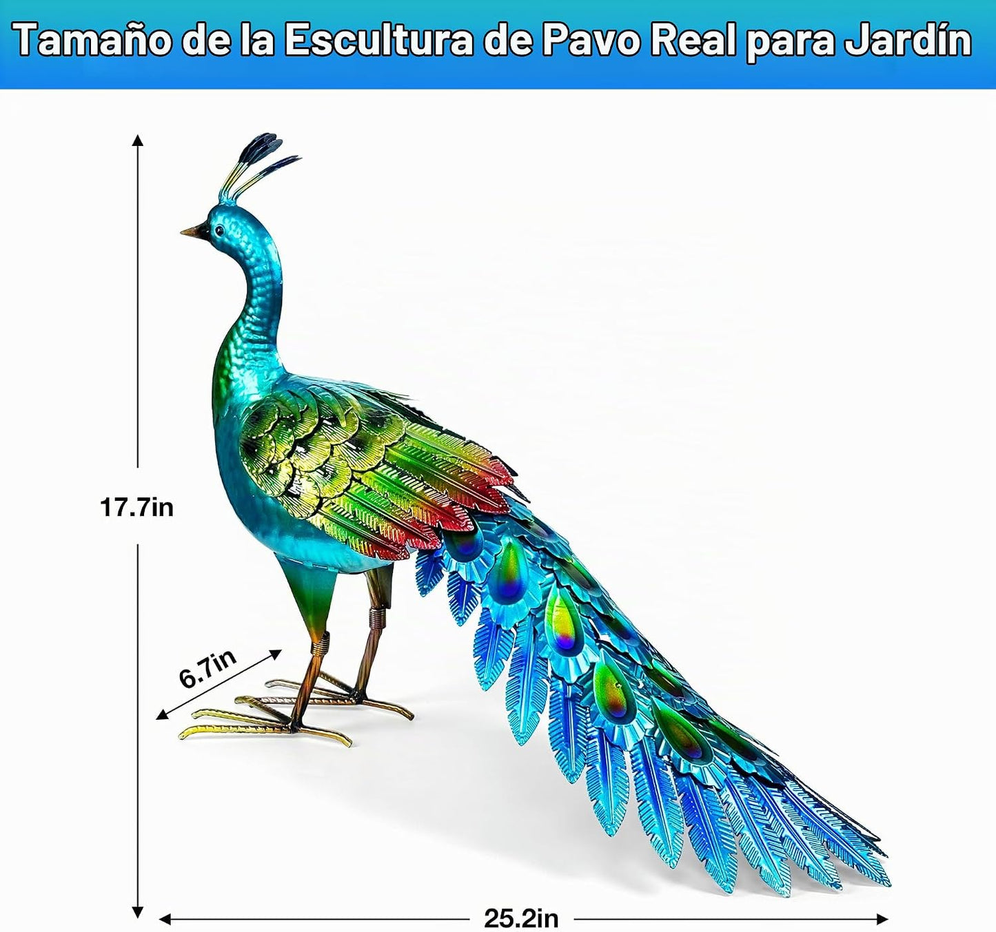 Elegante estatua de pavo real de metal, vibrante arte de pavo real...