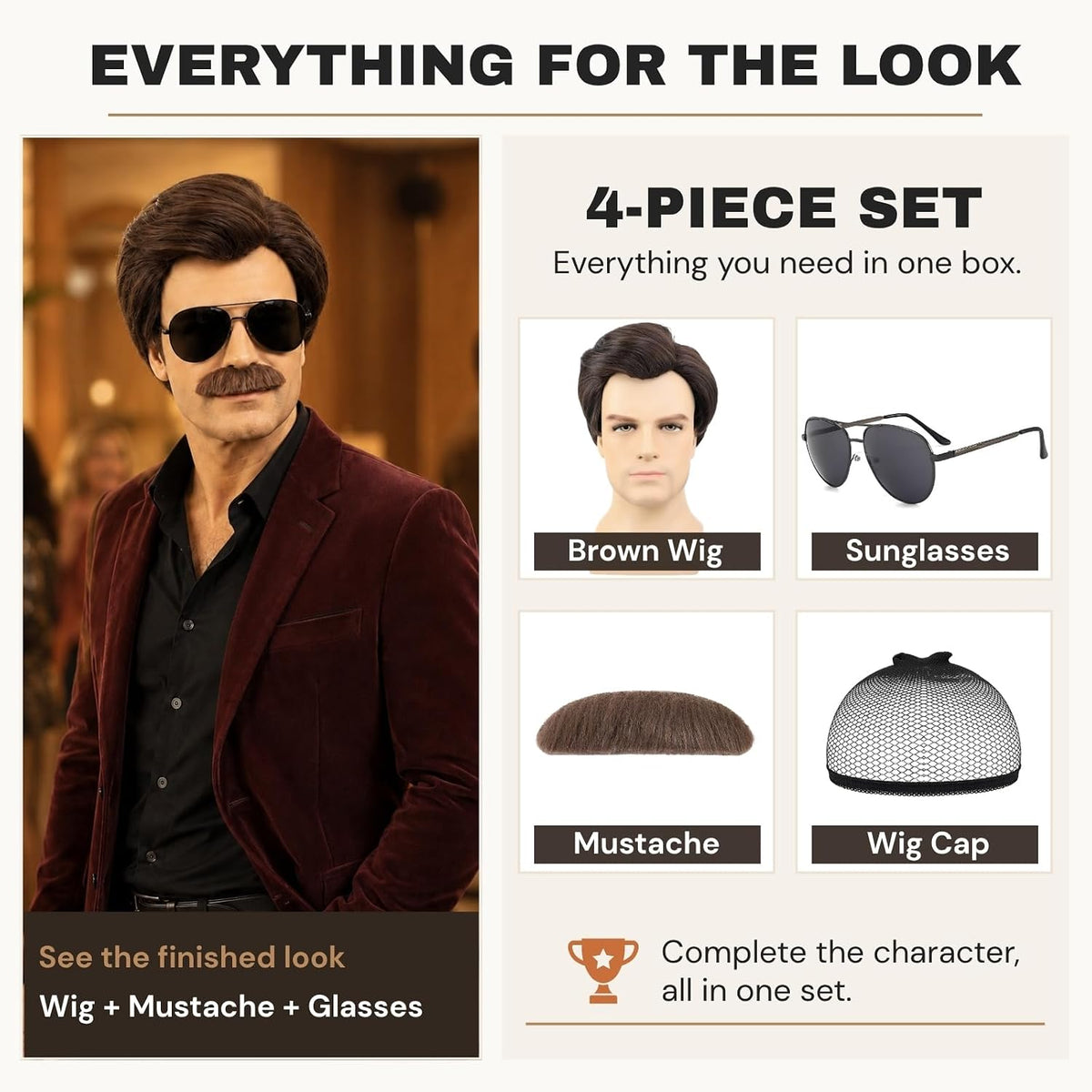 AMZCOS Peluca corta marrón para hombre con Msutache y gafas de sol...